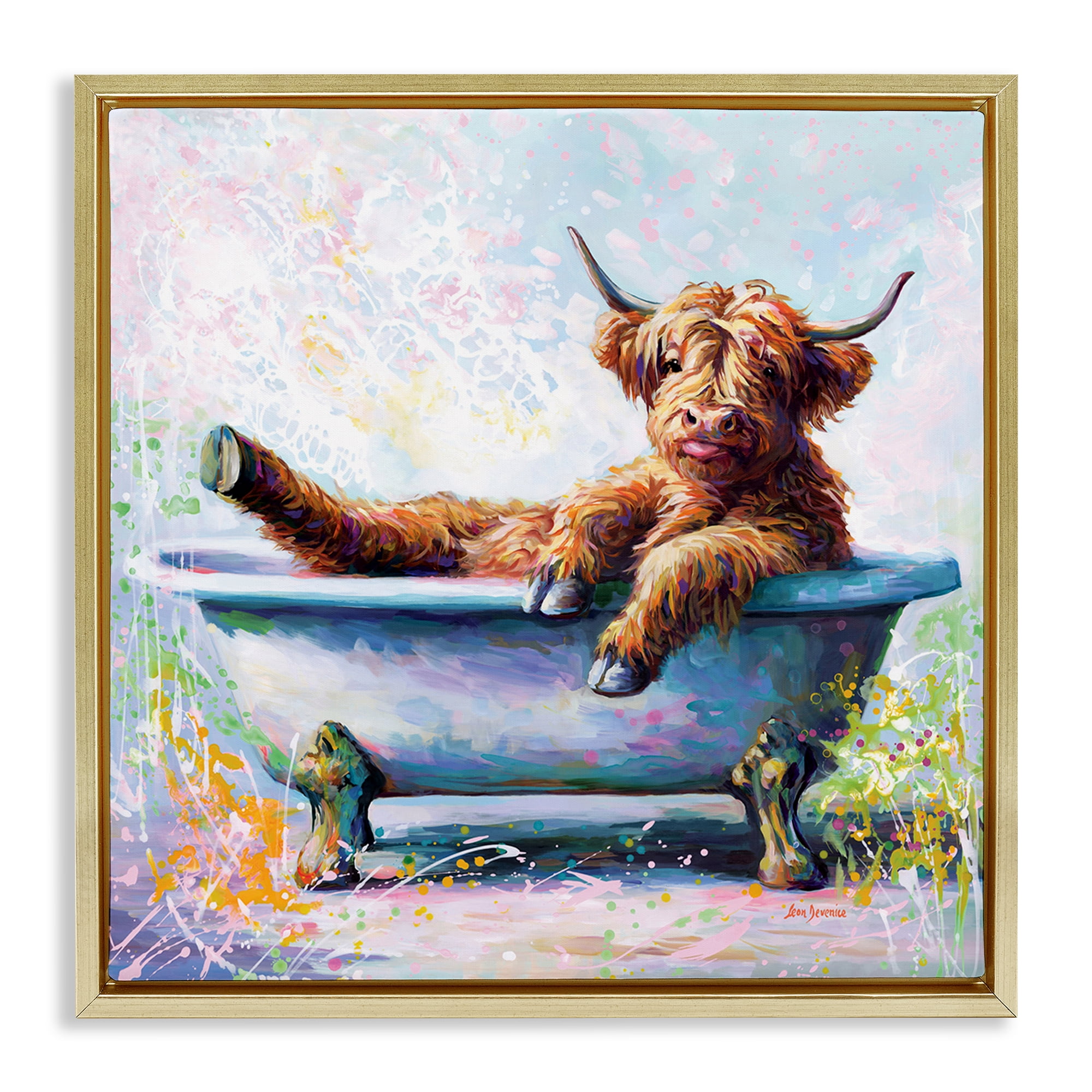 Stupell Industries Splashing Baby Cow Typography Painting Gold Floater Framed Canvas Art Print Wall Art, 25 x 25