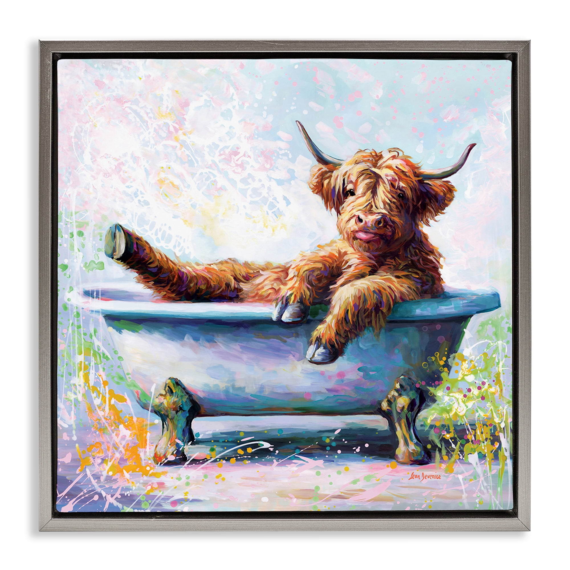 Stupell Industries Splashing Baby Cow Typography Painting Gray Floater Framed Canvas Art Print Wall Art, 18 x 18