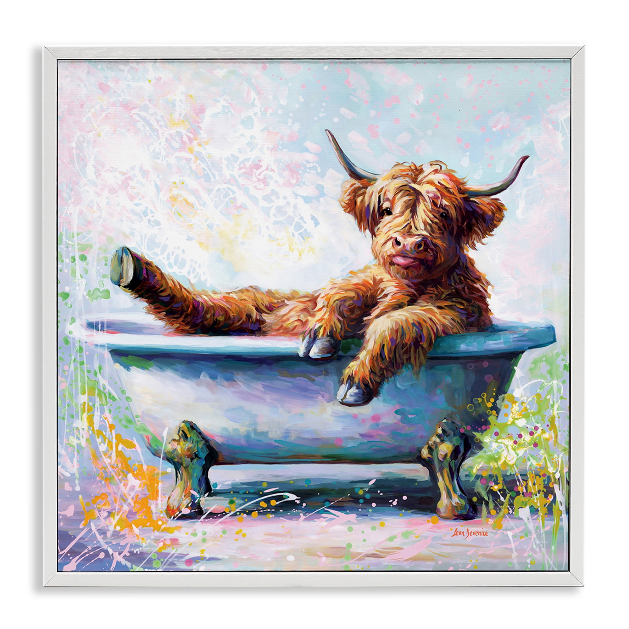 Stupell Industries Splashing Baby Cow Typography Painting White Framed Art Print Wall Art, 24 x 24