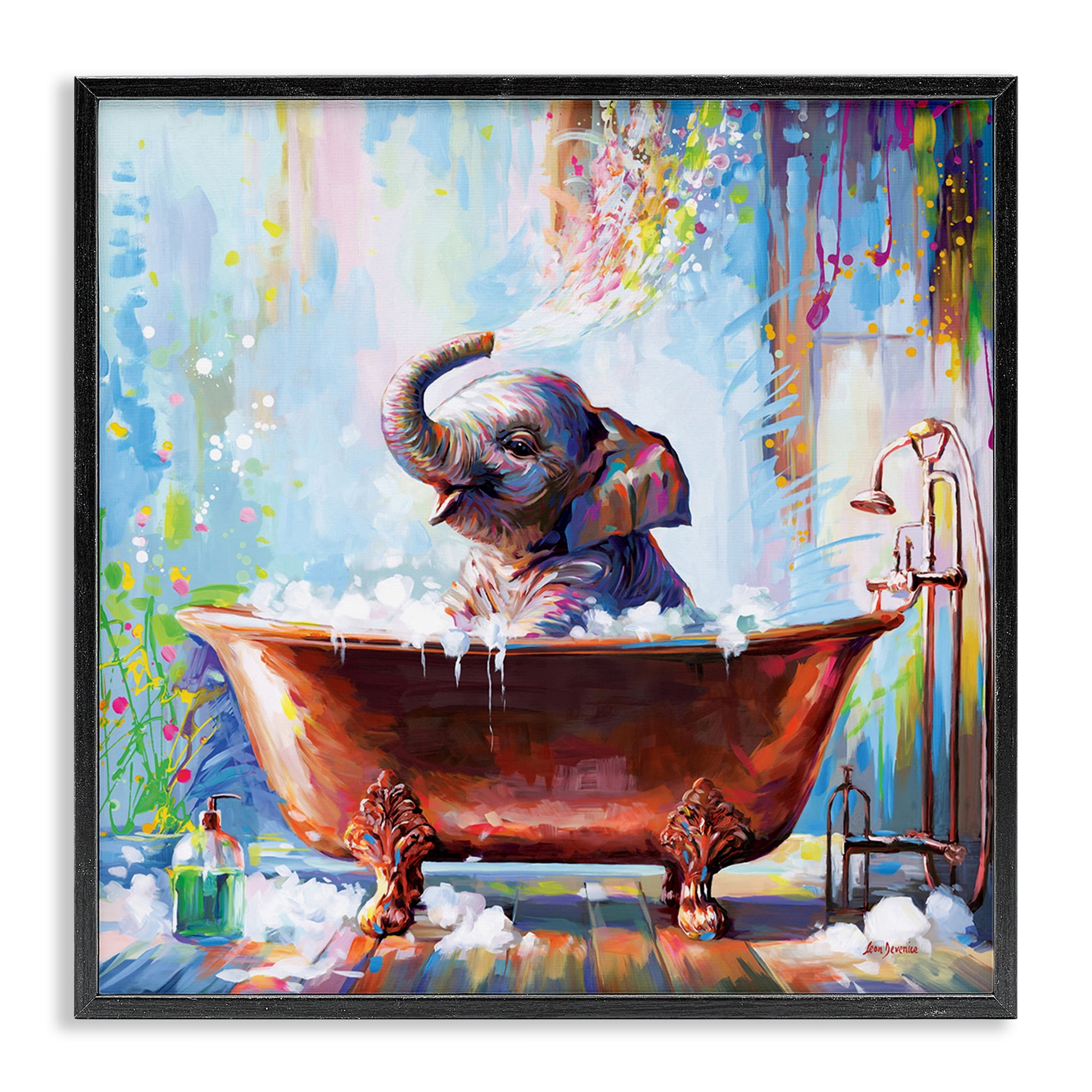 Stupell Industries Splashing Baby Elephant Bath & Laundry Painting Black Framed Art Print Wall Art, 17 x 17