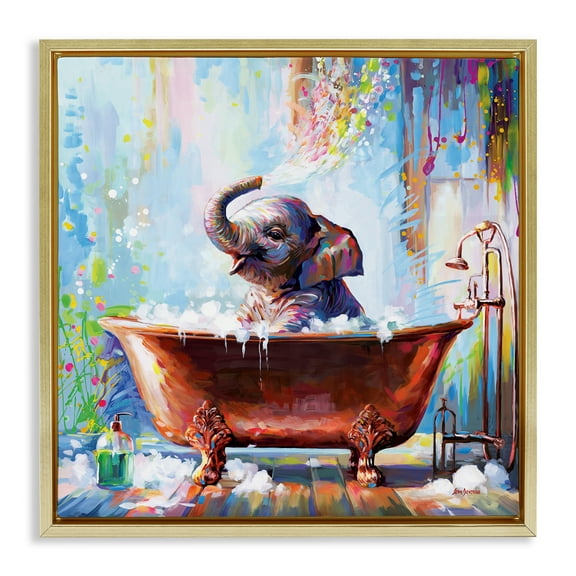 Stupell Industries Splashing Baby Elephant Bath & Laundry Painting Gold Floater Framed Canvas Art Print Wall Art, 18 x 18