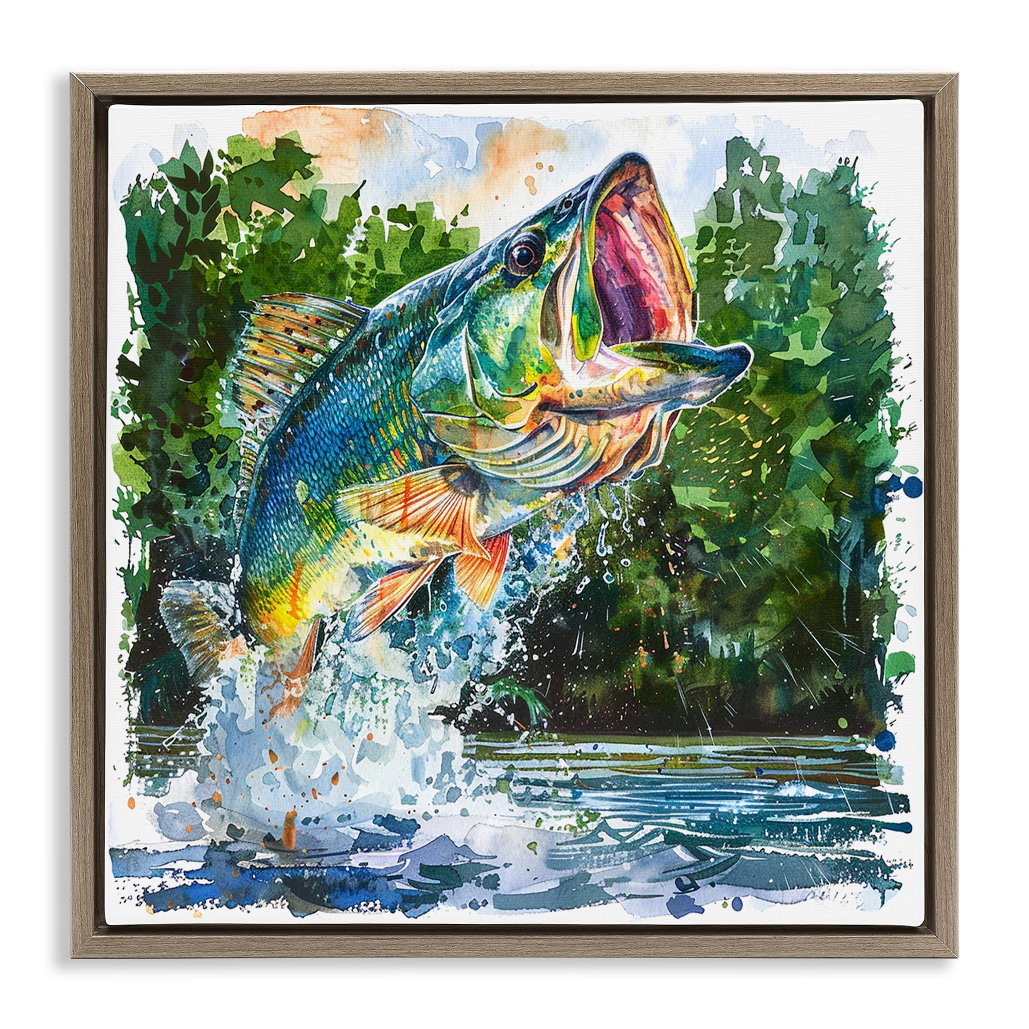 Stupell Industries Splashing Bass Fish Animals Painting Brown Floater Framed Canvas Art Print Wall Art, 18 x 18