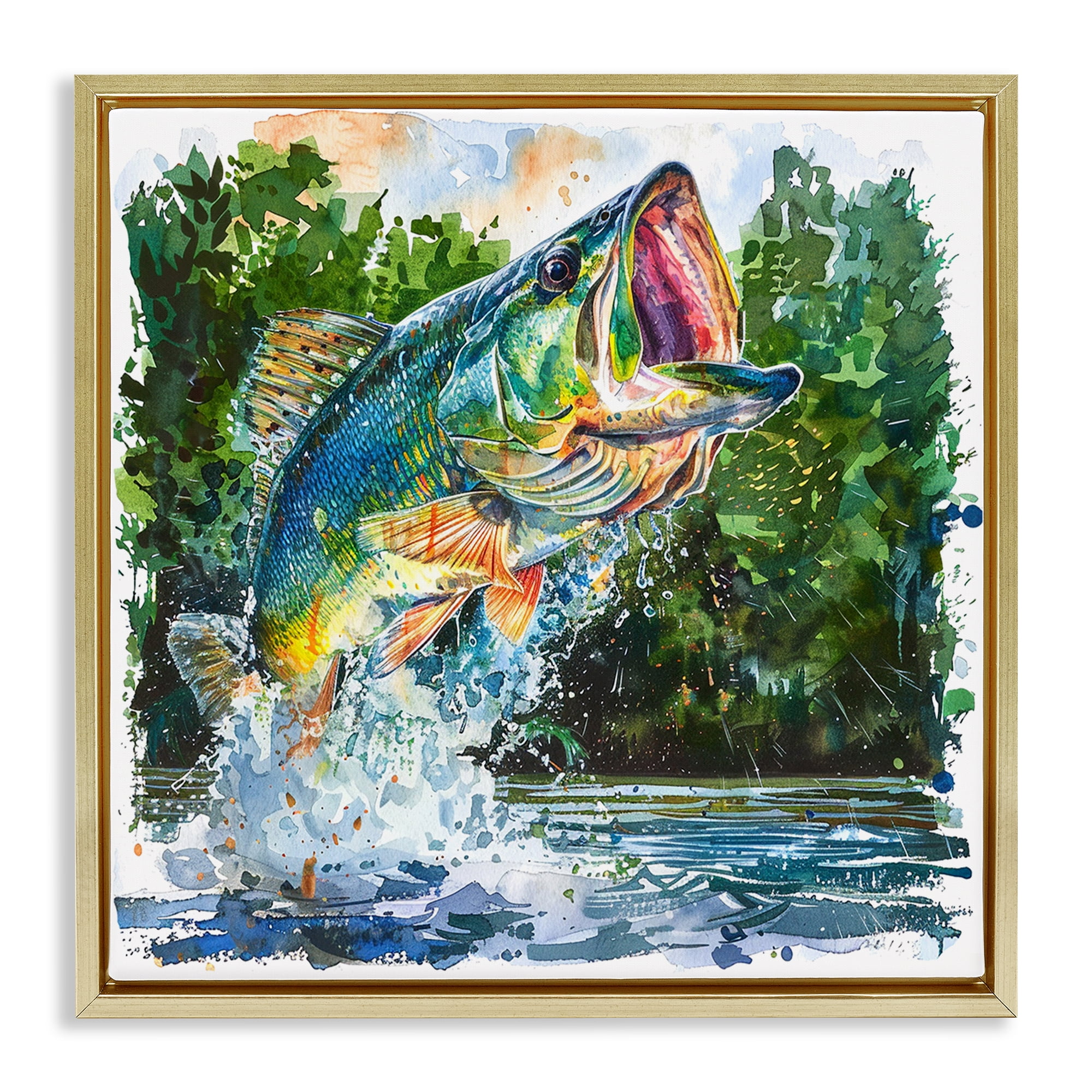 Stupell Industries Splashing Bass Fish Animals Painting Gold Floater Framed Canvas Art Print Wall Art, 18 x 18