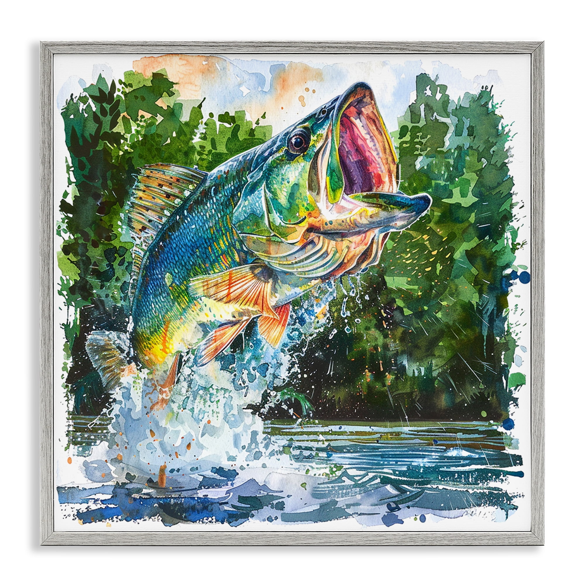Stupell Industries Splashing Bass Fish Animals Painting Gray Framed Art Print Wall Art, 17 x 17