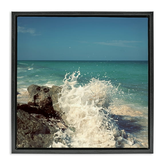 Stupell Industries Splashing Beach Spray Coastal Photography Black Floater Framed Canvas Art Print Wall Art, 18 x 18