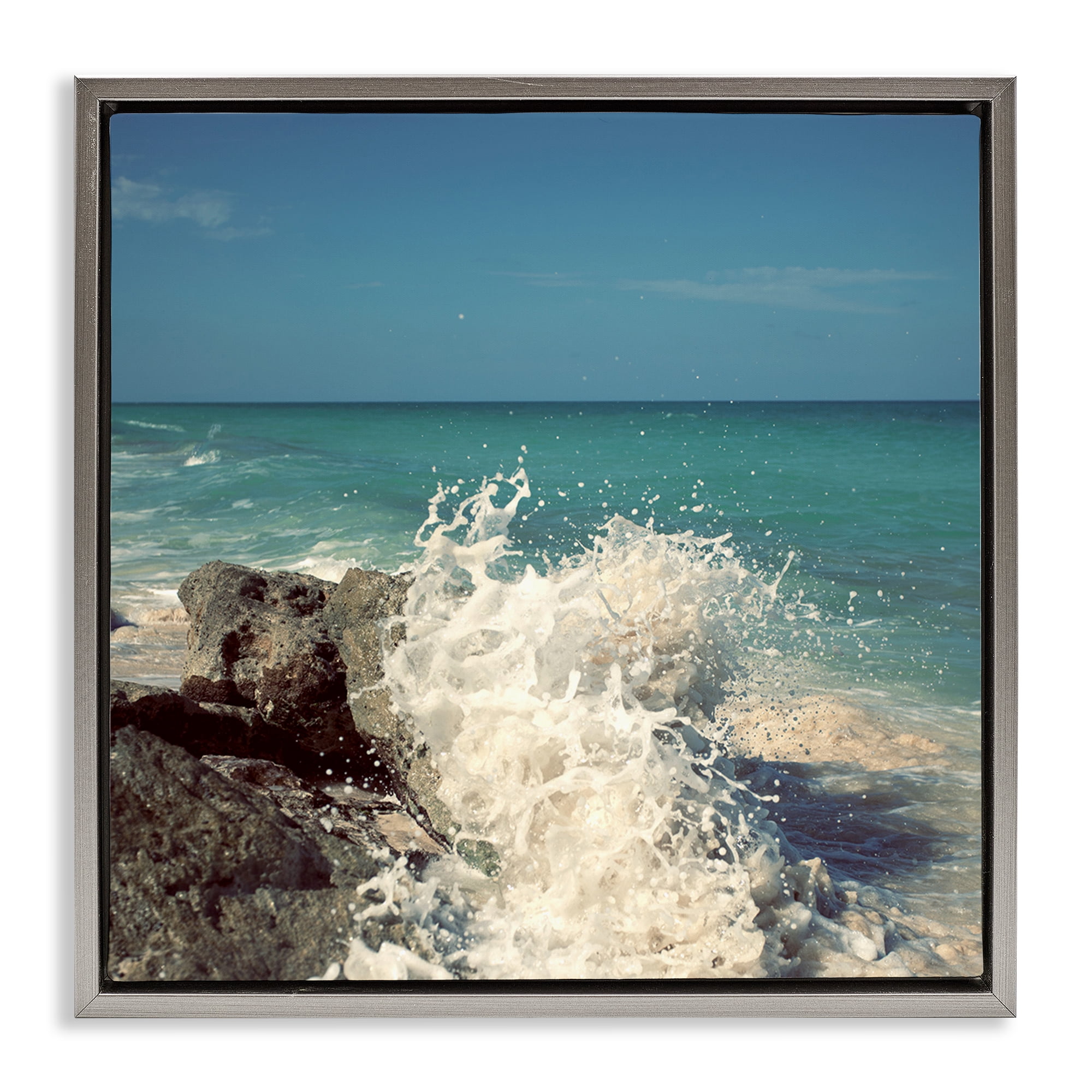 Stupell Industries Splashing Beach Spray Coastal Photography Gray Floater Framed Canvas Art Print Wall Art, 25 x 25