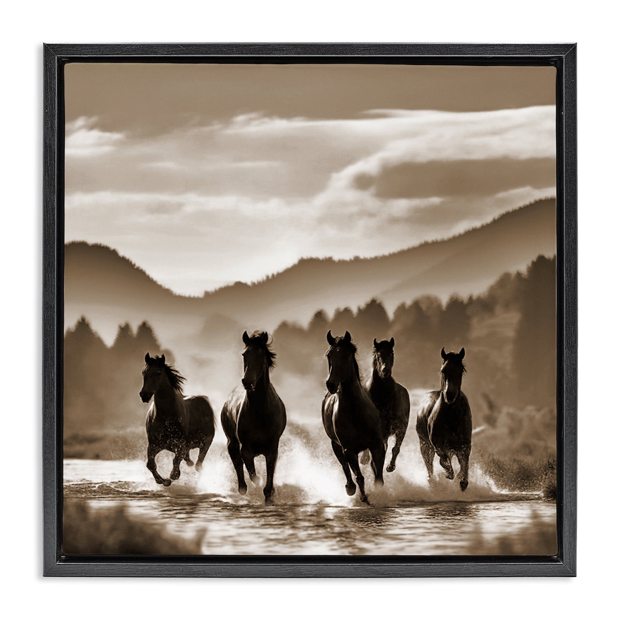 Stupell Industries Splashing Canyon Stallions Animals Painting Black Floater Framed Canvas Art Print Wall Art, 18 x 18