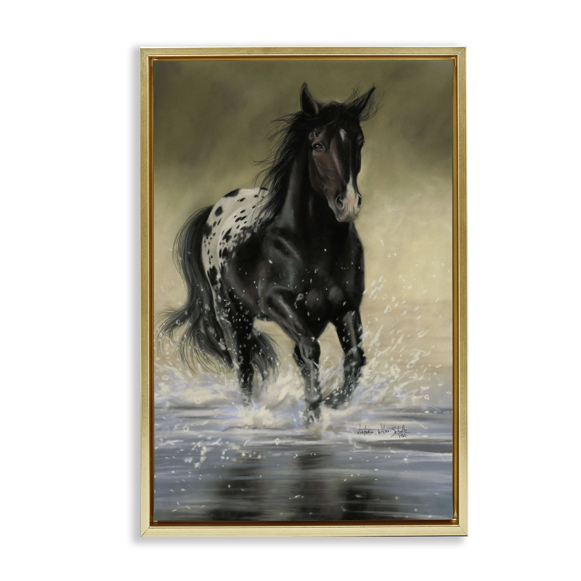 Stupell Industries Splashing Galloping Horse Animals & Insects Painting Gold Floater Framed Canvas Art Print Wall Art, 17 x 25