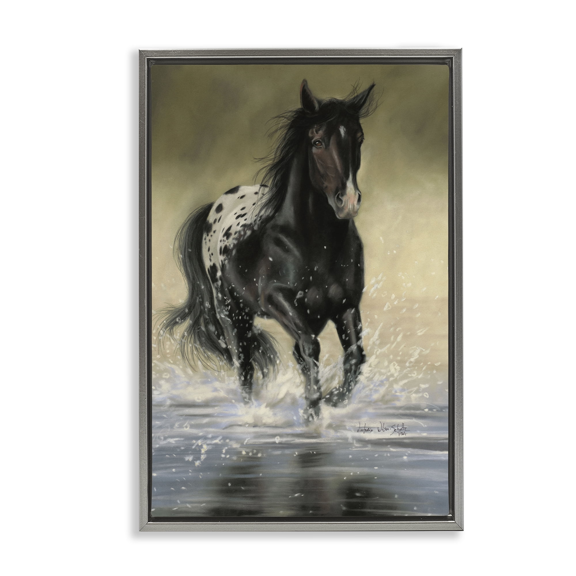Stupell Industries Splashing Galloping Horse Animals & Insects Painting Gray Floater Framed Canvas Art Print Wall Art, 21 x 31