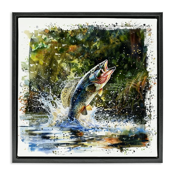 Stupell Industries Splashing Lake Bass Animals Painting Black Floater Framed Canvas Art Print Wall Art, 18 x 18