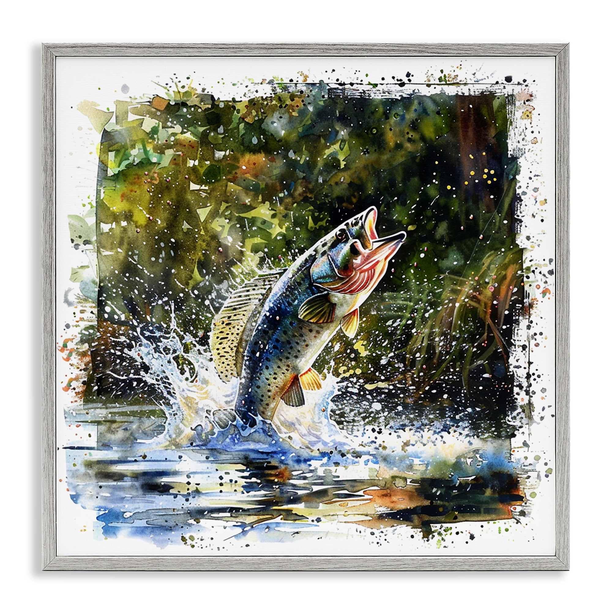Stupell Industries Splashing Lake Bass Animals Painting Gray Framed Art Print Wall Art, 12 x 12