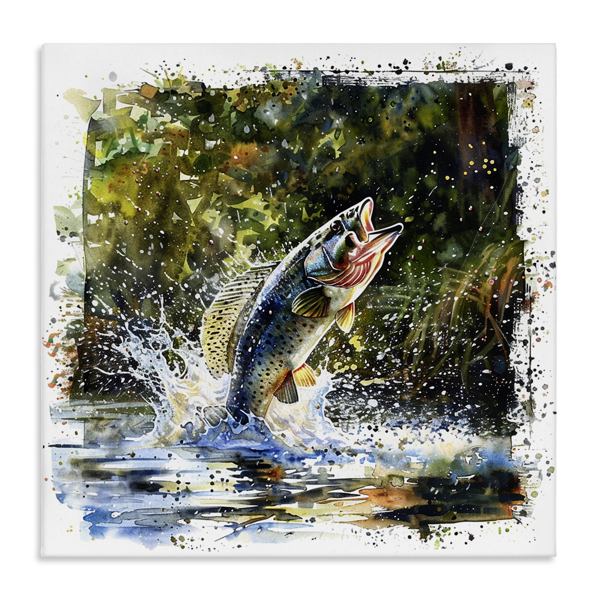 Stupell Industries Splashing Lake Bass Animals Painting Wrapped Canvas Art Print Wall Art, 24 x 24