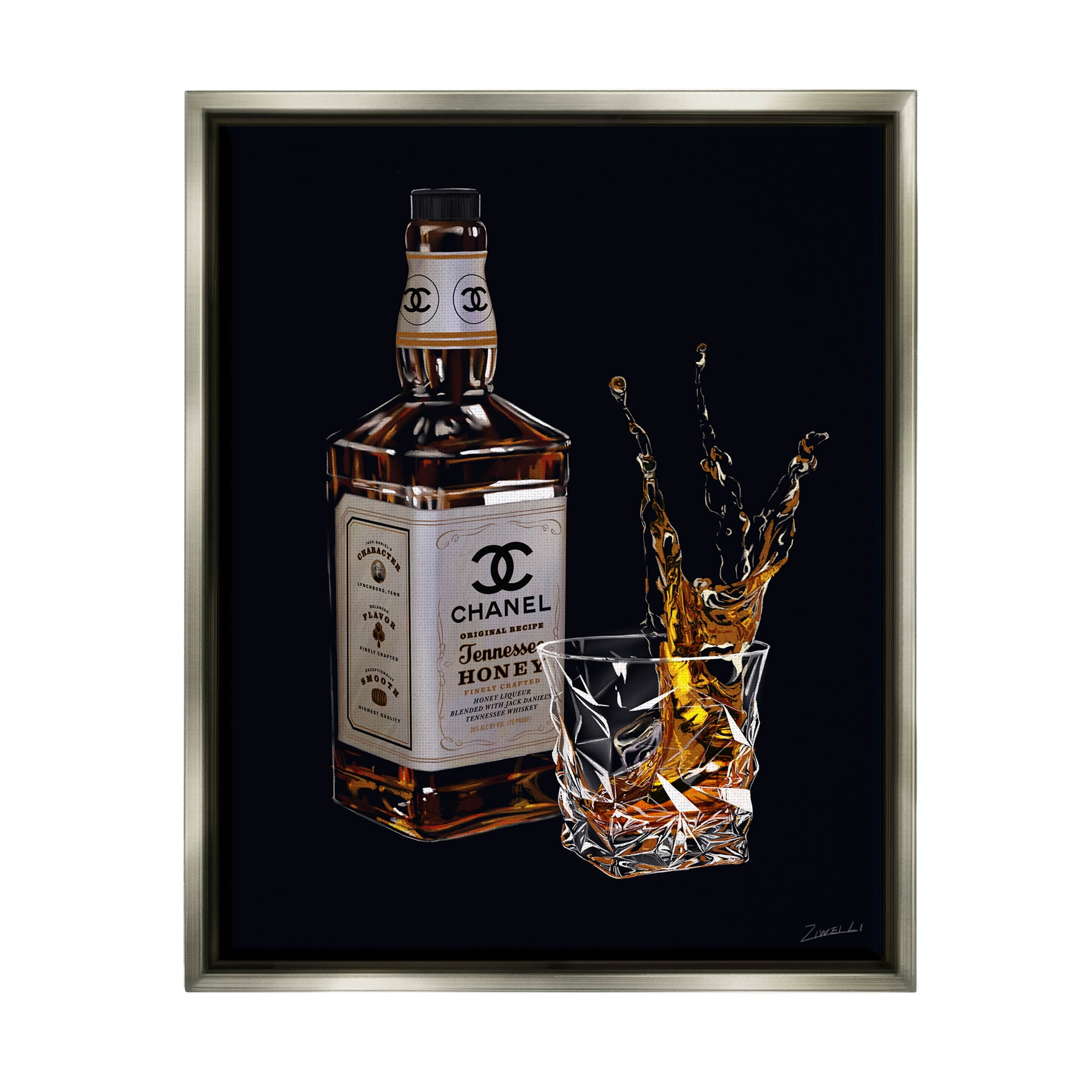 Gray Framed Whiskey Bottle Splash Canvas Print, 25 x 31 in