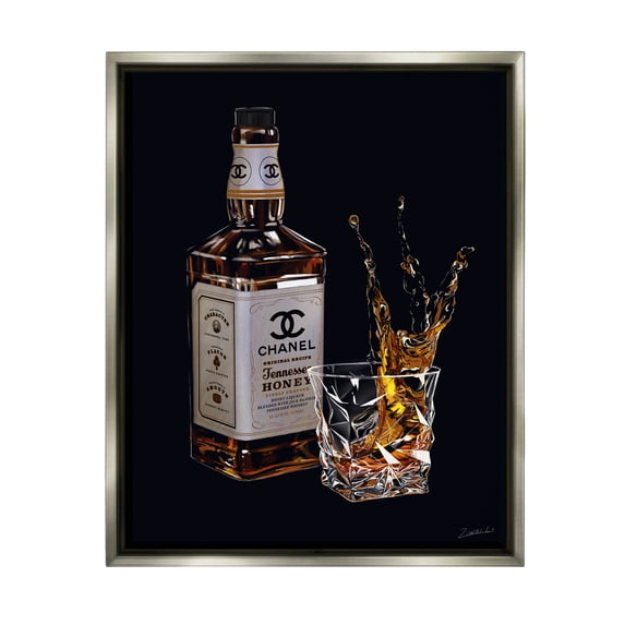 Stupell Industries Splashing Liqueur Glam Whiskey Bottle Graphic Art Luster Gray Floating Framed Canvas Print Wall Art, Design by Ziwei Li