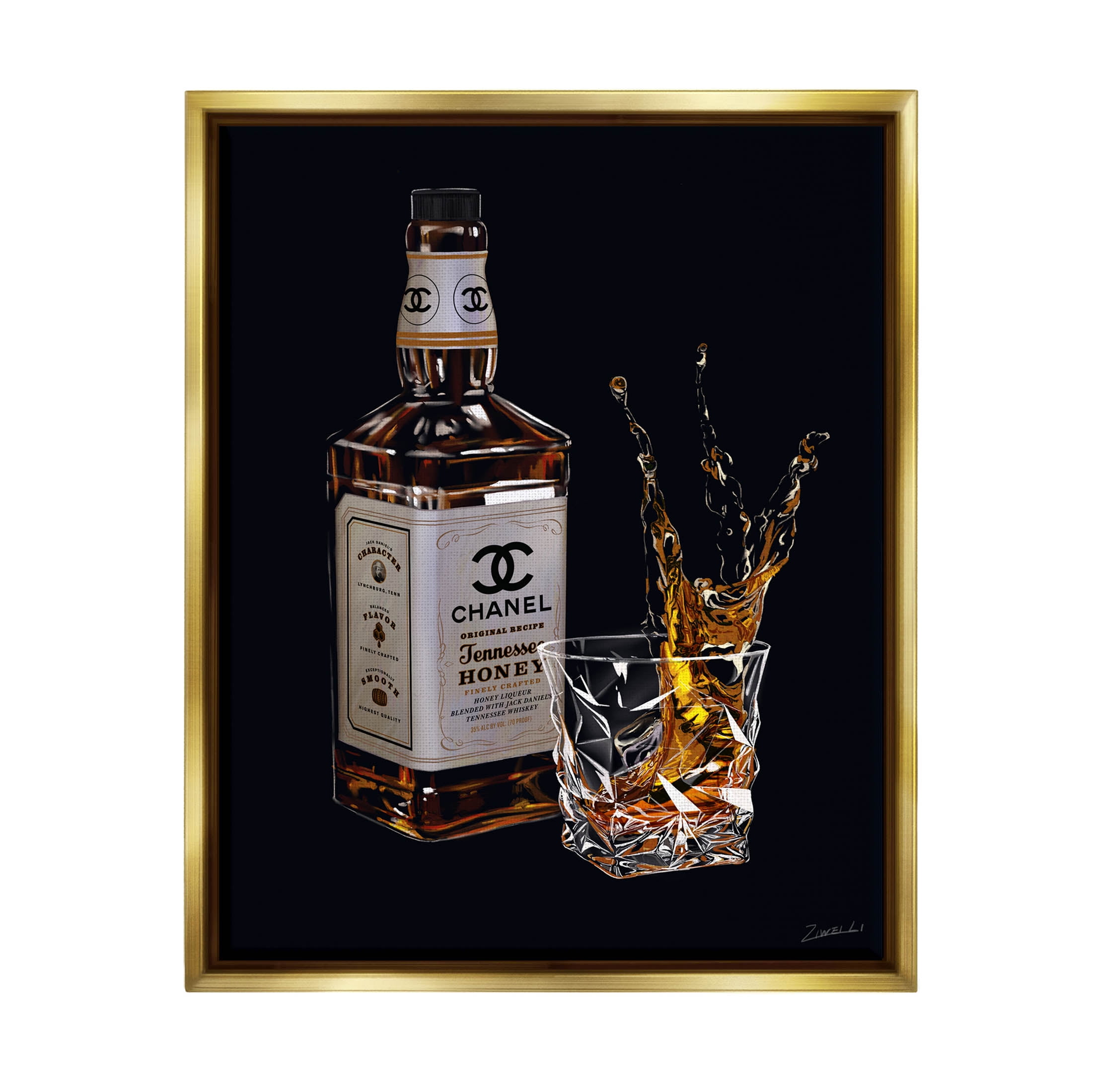Stupell Industries Splashing Liqueur Glam Whiskey Bottle Graphic Art Metallic Gold Floating Framed Canvas Print Wall Art, Design by Ziwei Li