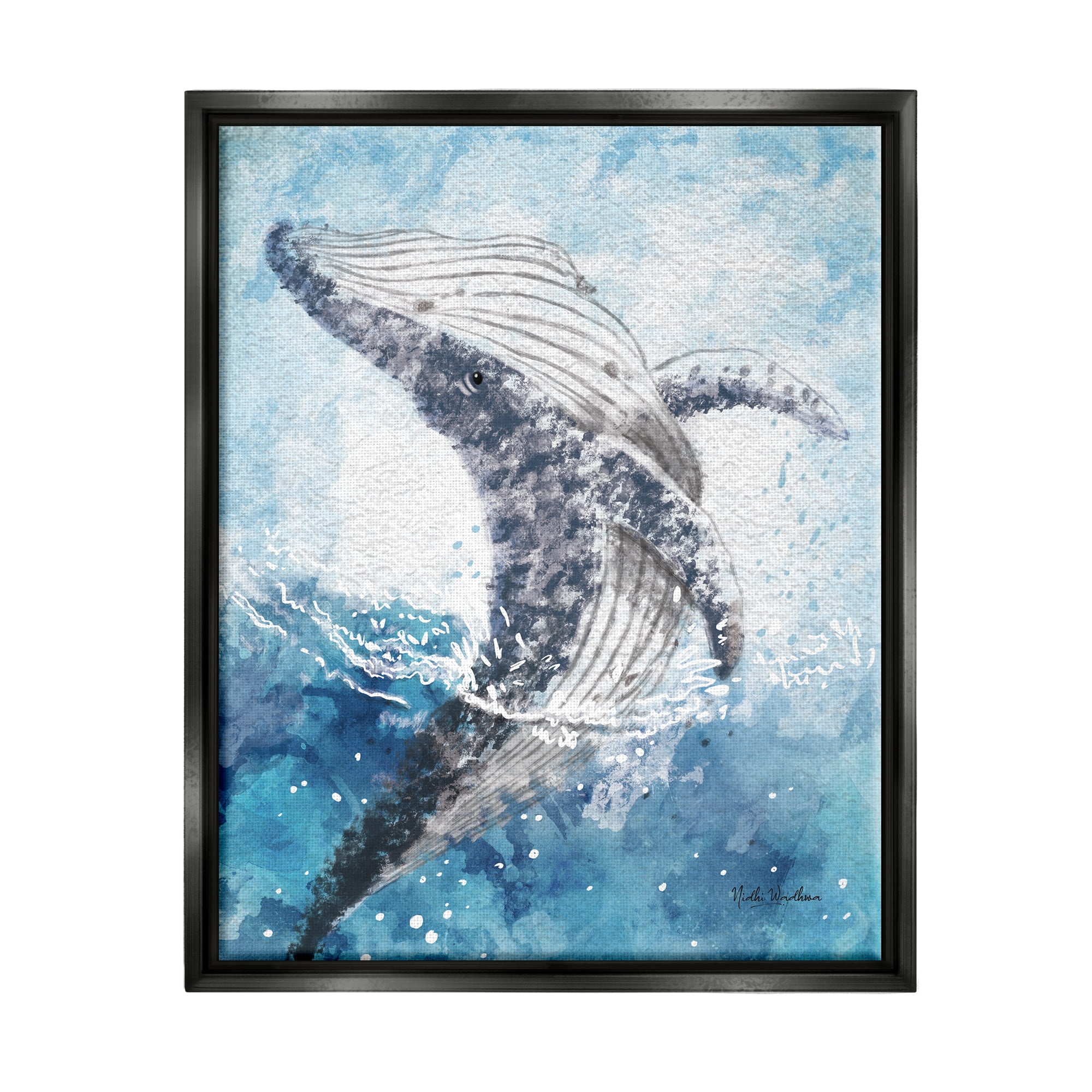 Stupell Industries Splashing Marine Whale Animals & Insects Painting Black Floater Framed Art Print Wall Art, 17 x 21