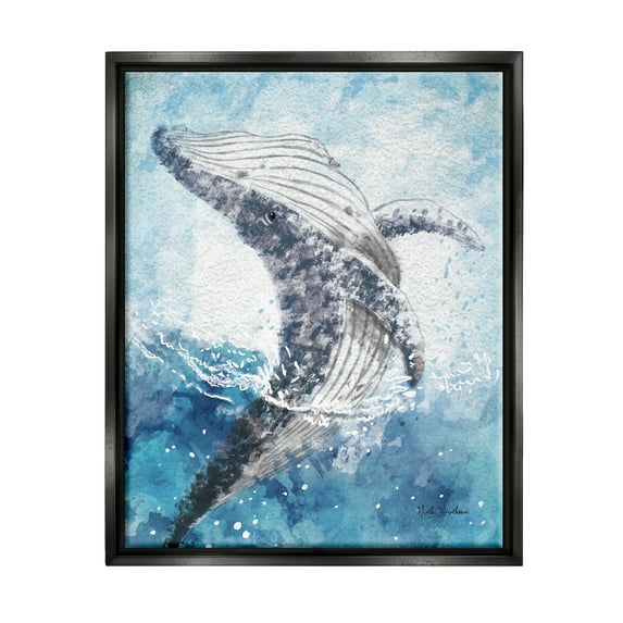 Stupell Industries Splashing Marine Whale Animals & Insects Painting Black Floater Framed Art Print Wall Art, 25 x 31