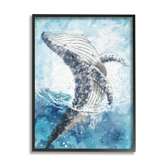 Stupell Industries Splashing Marine Whale Animals & Insects Painting Black Framed Art Print Wall Art, 11 x 14