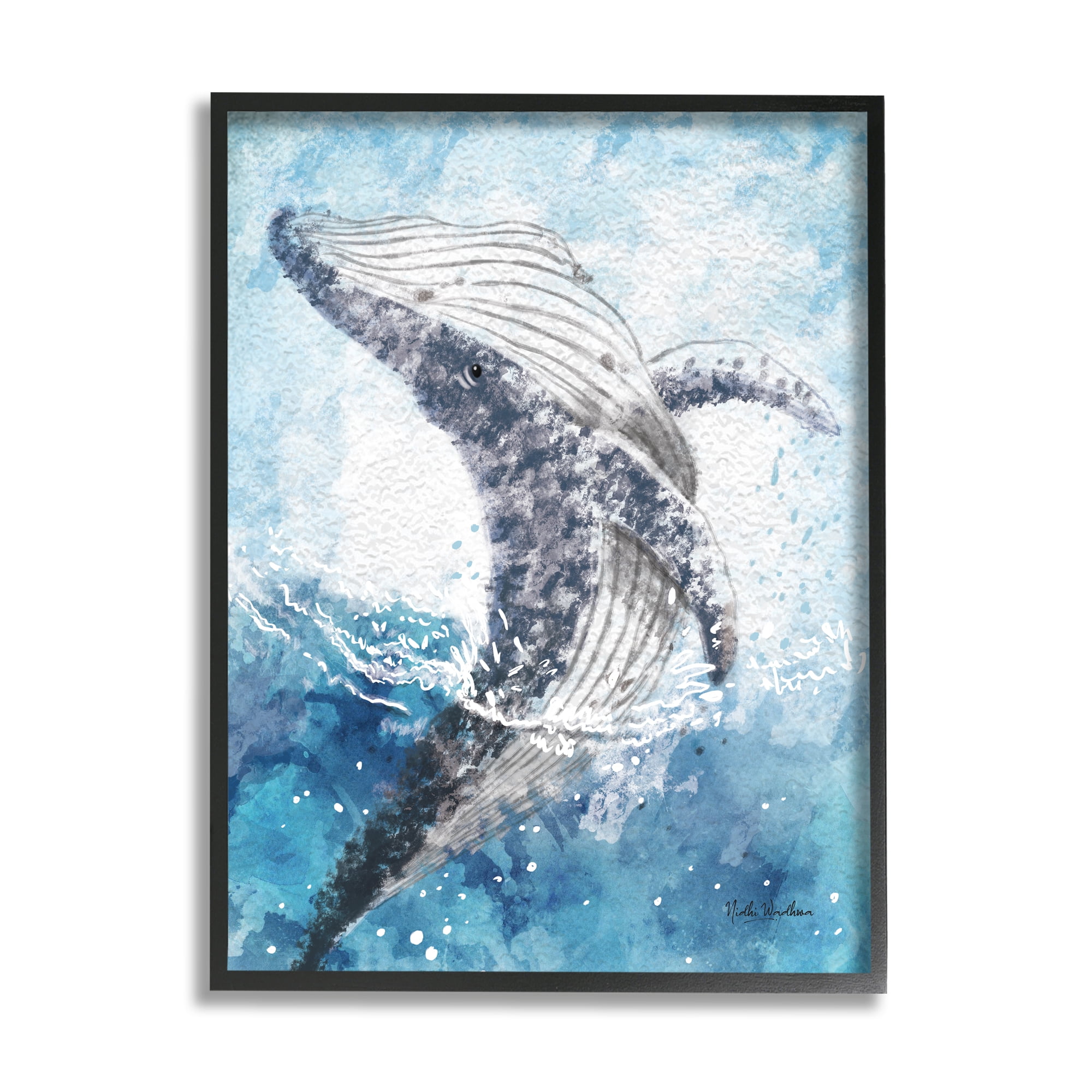 Stupell Industries Splashing Marine Whale Animals & Insects Painting Black Framed Art Print Wall Art, 16 x 20