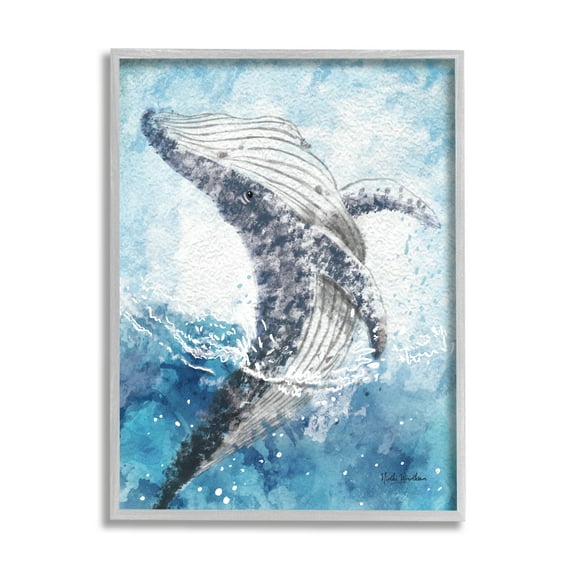 Stupell Industries Splashing Marine Whale Animals & Insects Painting Gray Framed Art Print Wall Art, 11 x 14