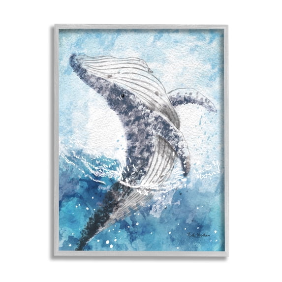 Stupell Industries Splashing Marine Whale Animals & Insects Painting Gray Framed Art Print Wall Art, 16 x 20