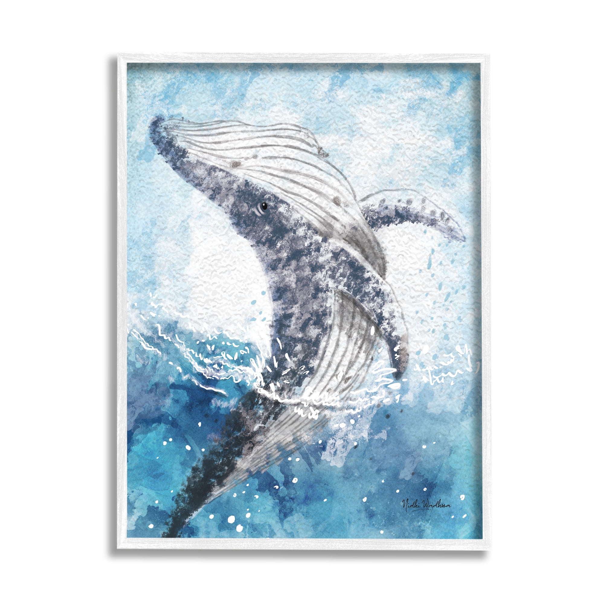 Stupell Industries Splashing Marine Whale Animals & Insects Painting White Framed Art Print Wall Art, 16 x 20