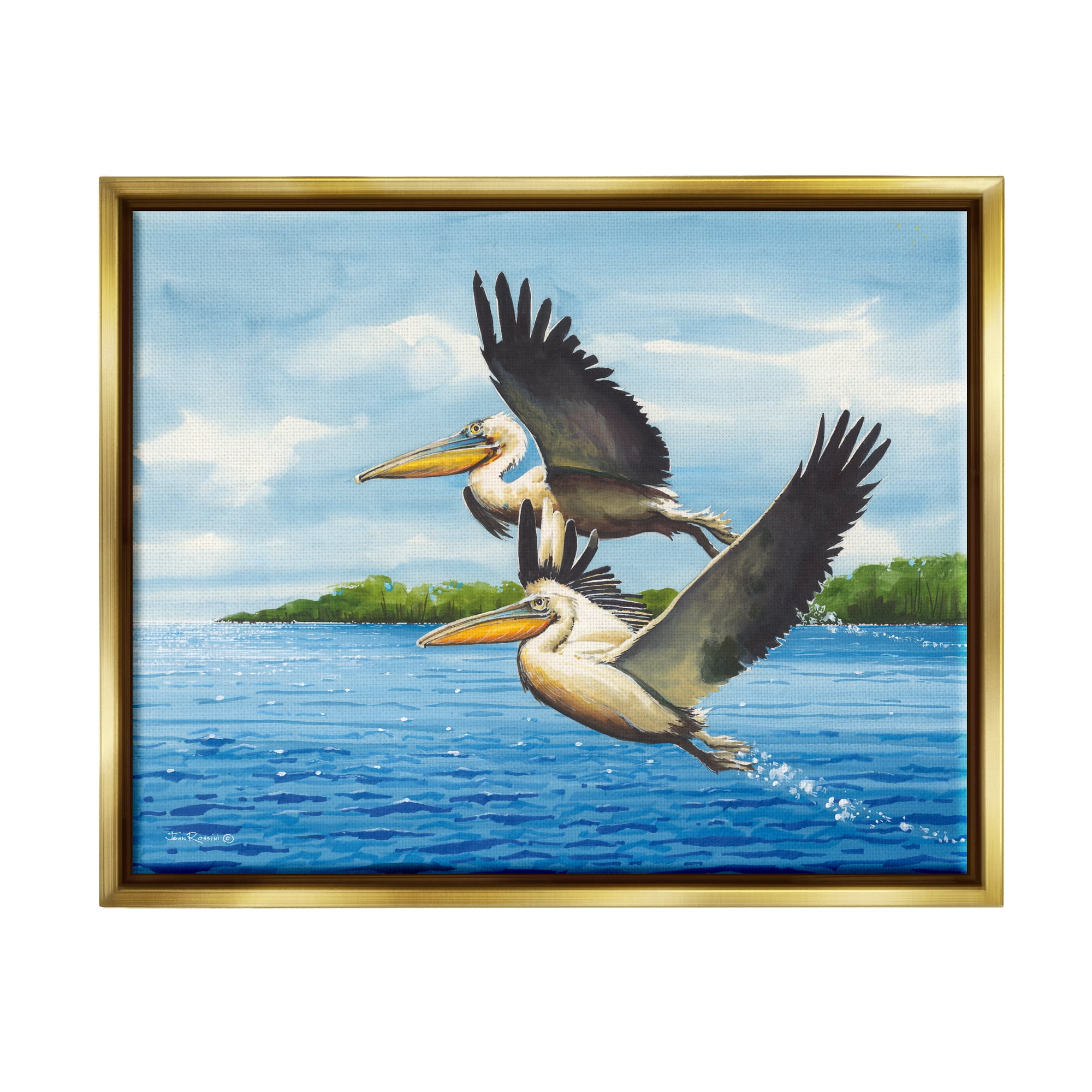 Stupell Industries Splashing Pelicans Flying Animals & Insects Painting Gold Floater Framed Art Print Wall Art, 31 x 25