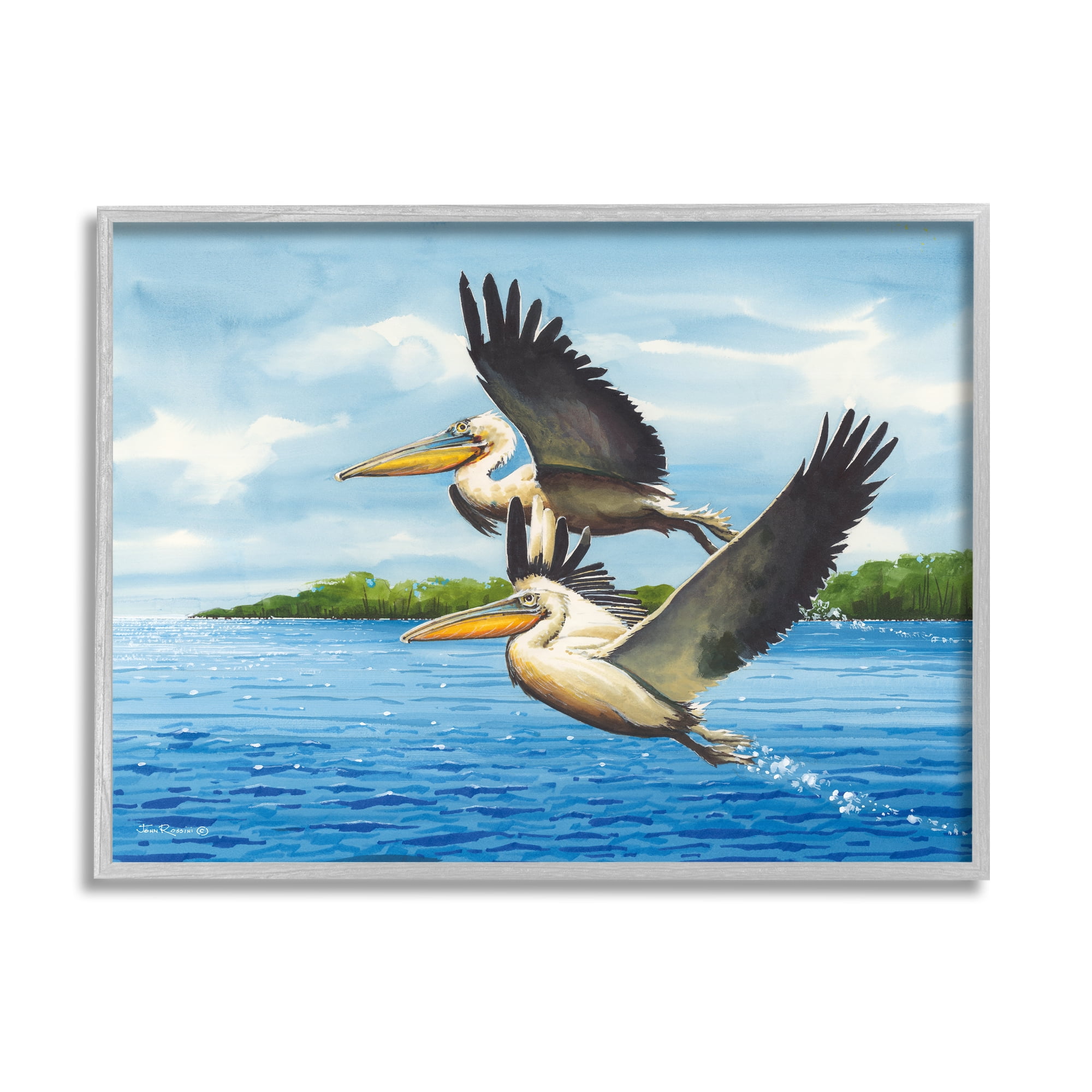 Stupell Industries Splashing Pelicans Flying Animals & Insects Painting Gray Framed Art Print Wall Art, 30 x 24