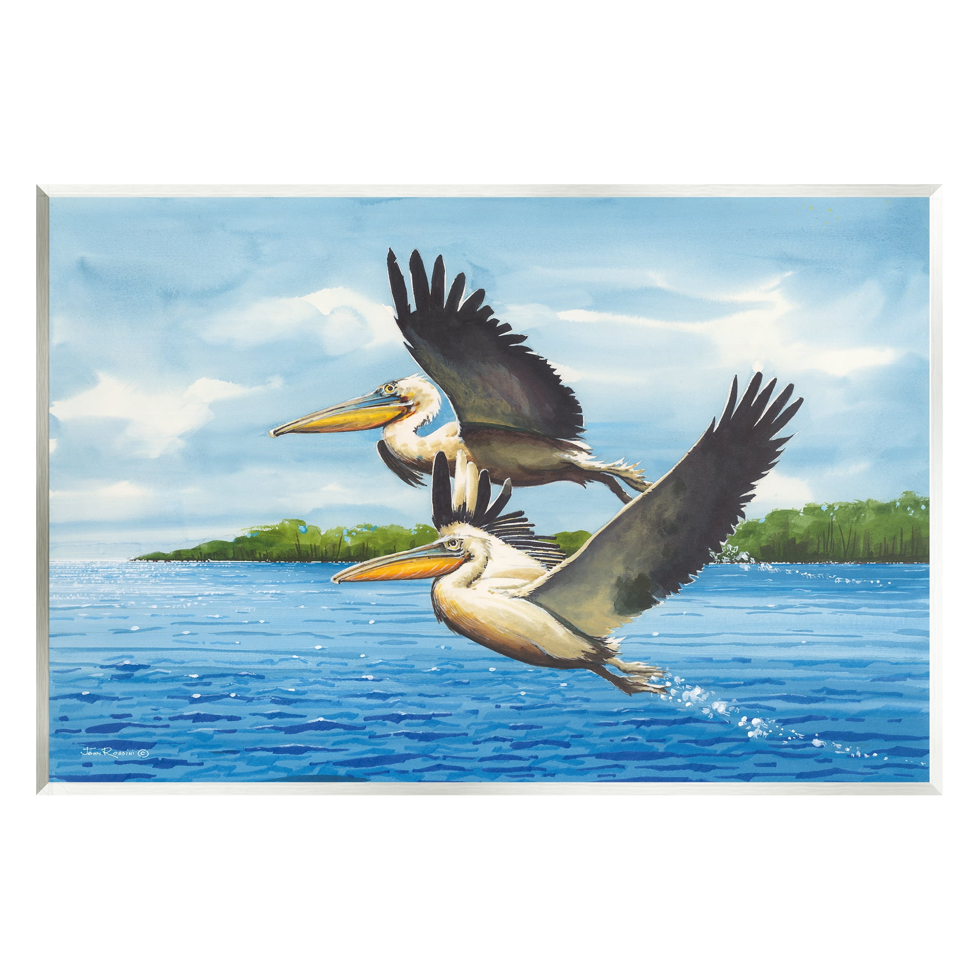 Stupell Industries Splashing Pelicans Flying Animals & Insects Painting Unframed Art Print Wall Art, 19 x 13
