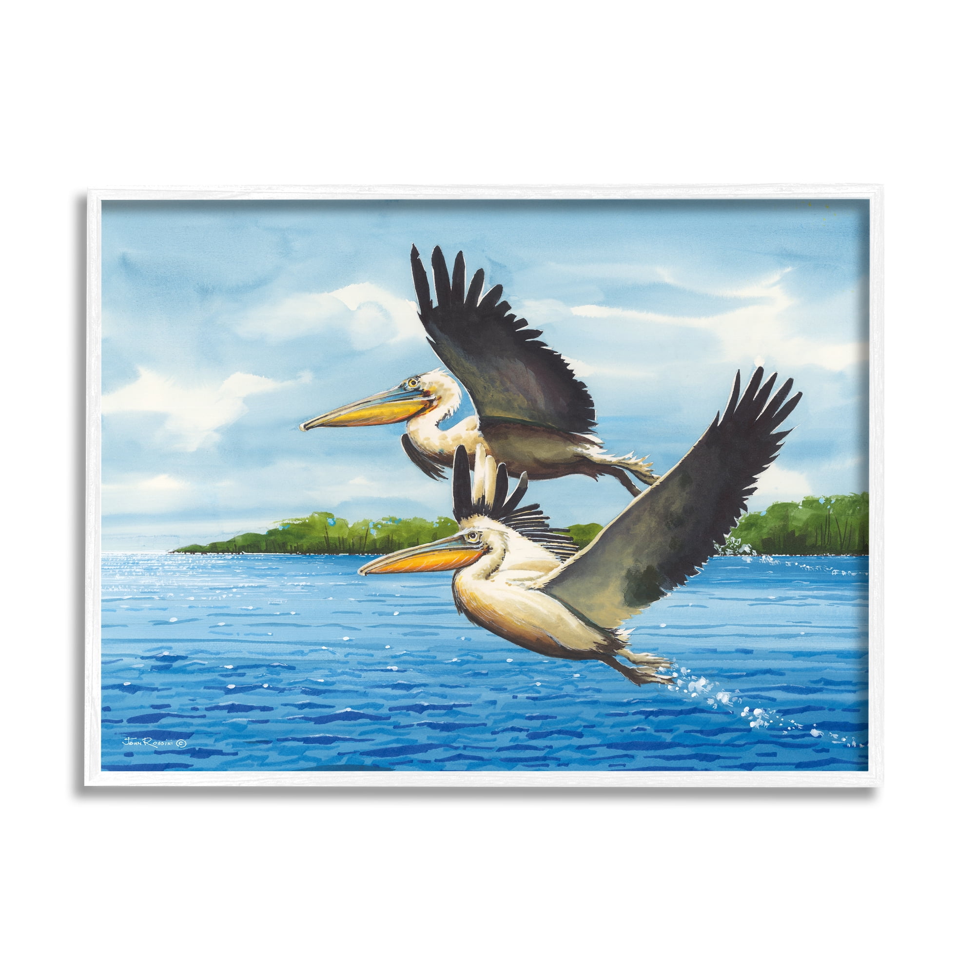 Stupell Industries Splashing Pelicans Flying Animals & Insects Painting White Framed Art Print Wall Art, 14 x 11
