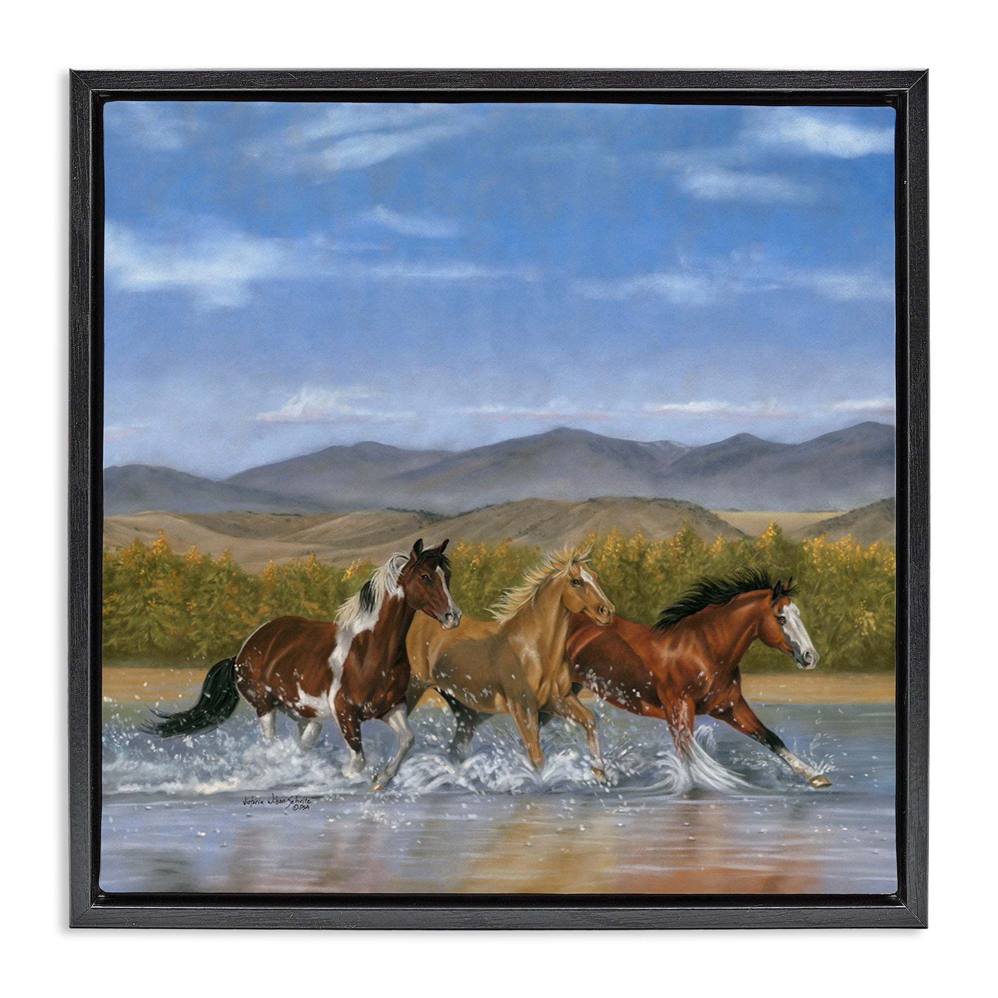 Stupell Industries Splashing River Horses Animals & Insects Painting Black Floater Framed Canvas Art Print Wall Art, 18 x 18