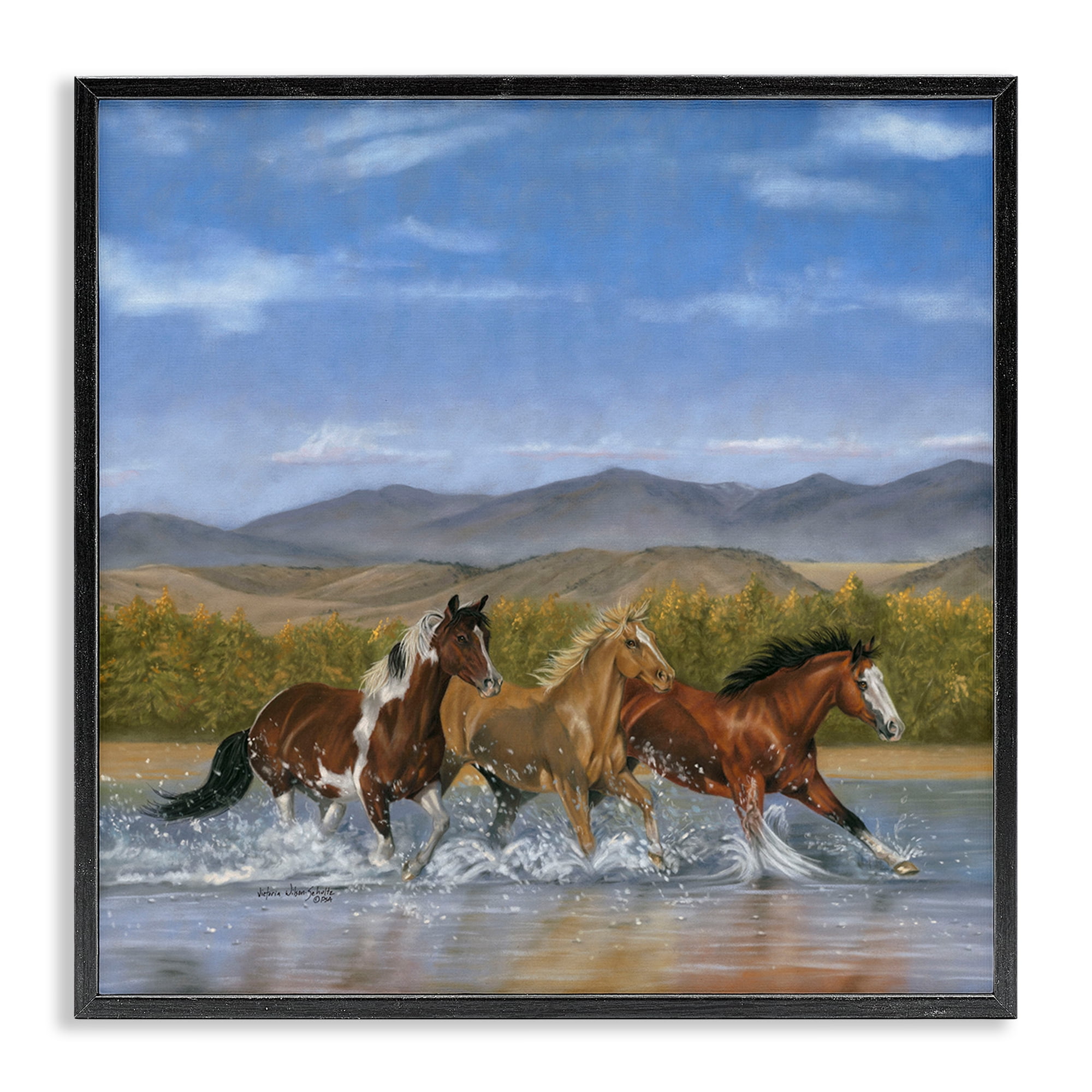 Stupell Industries Splashing River Horses Animals & Insects Painting Black Framed Art Print Wall Art, 24 x 24