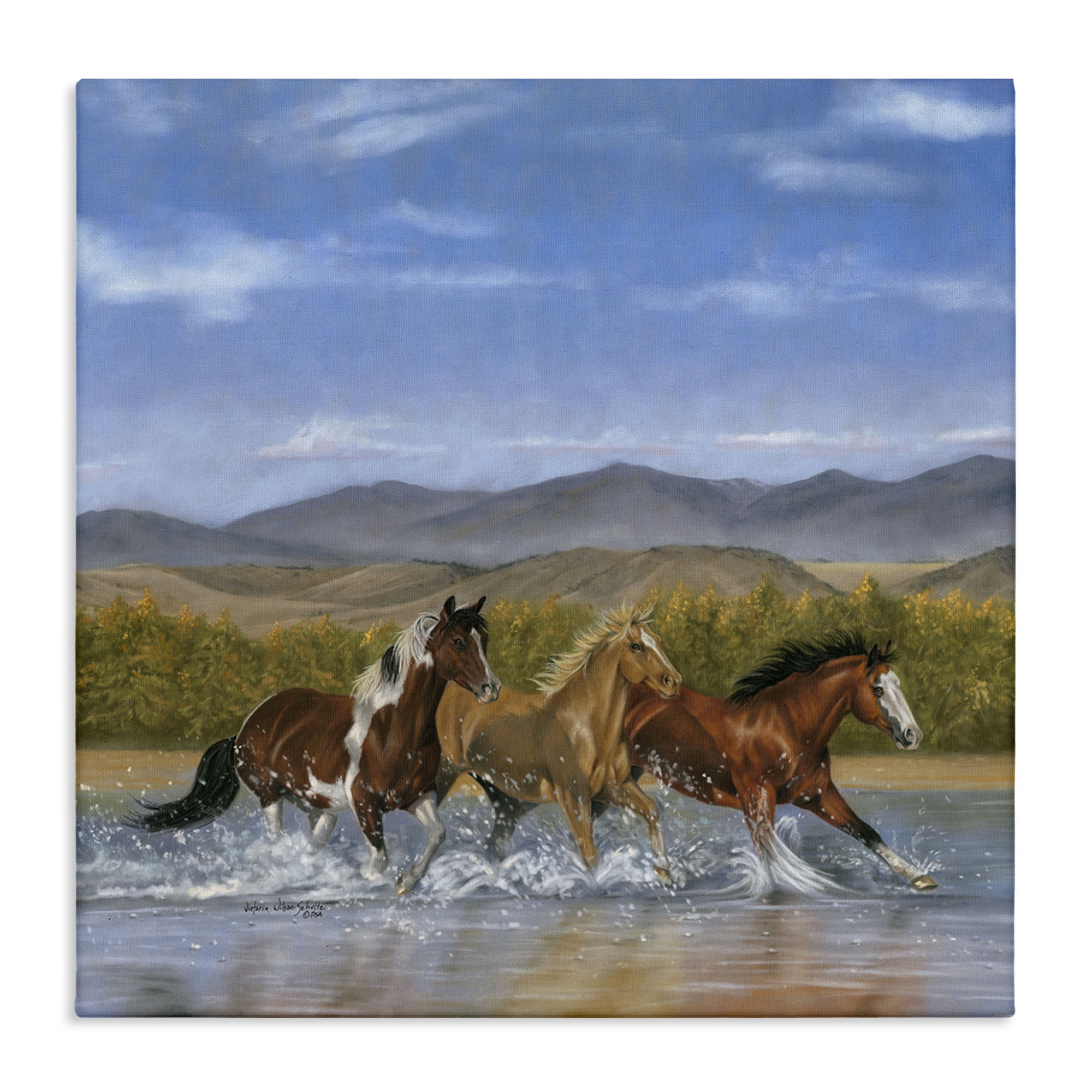 Stupell Industries Splashing River Horses Animals & Insects Painting Gallery Wrapped Canvas Art Print Wall Art, 24 x 24