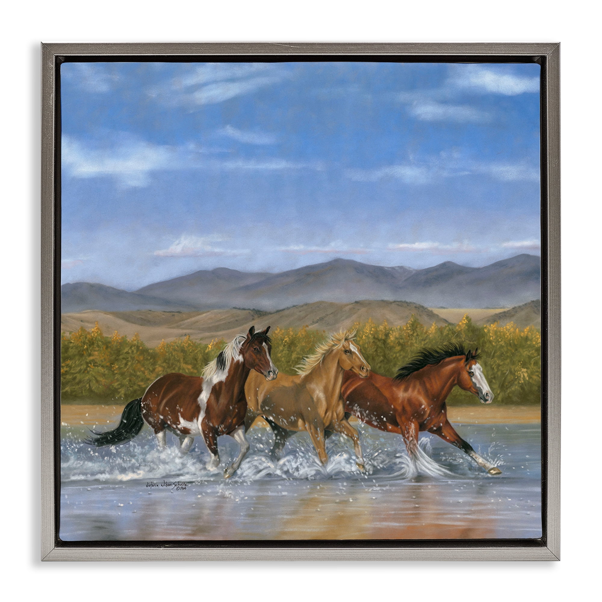 Stupell Industries Splashing River Horses Animals & Insects Painting Gray Floater Framed Canvas Art Print Wall Art, 18 x 18