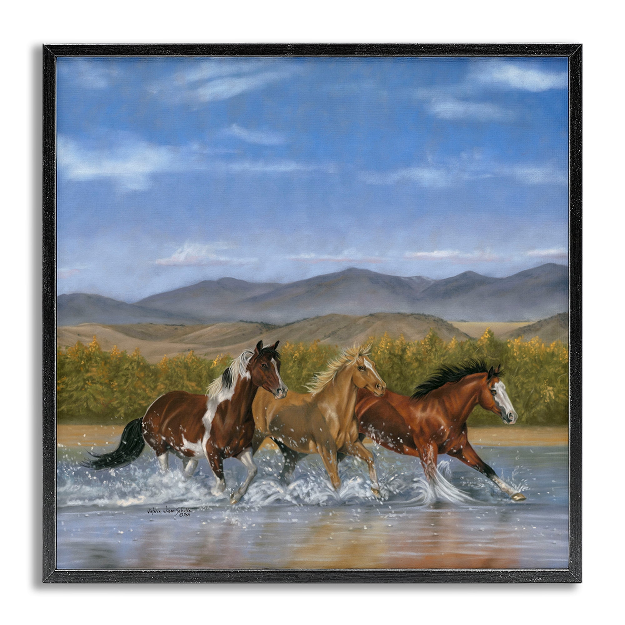 Stupell Industries Splashing River Horses Animals & Insects Painting Gray Framed Art Print Wall Art, 17 x 17