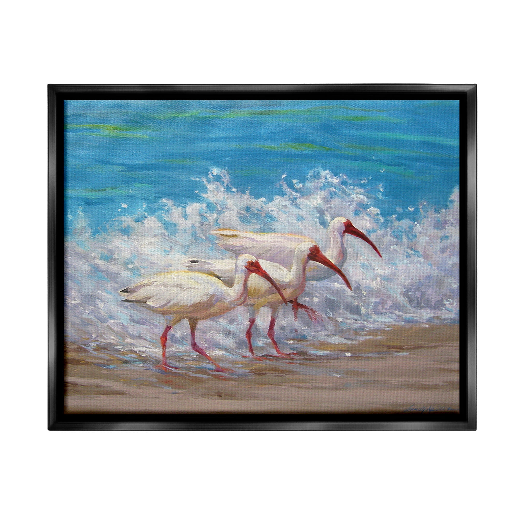 Stupell Industries Splashing Sea Birds Animals & Insects Painting Black Floater Framed Canvas Art Print Wall Art, 21 x 17