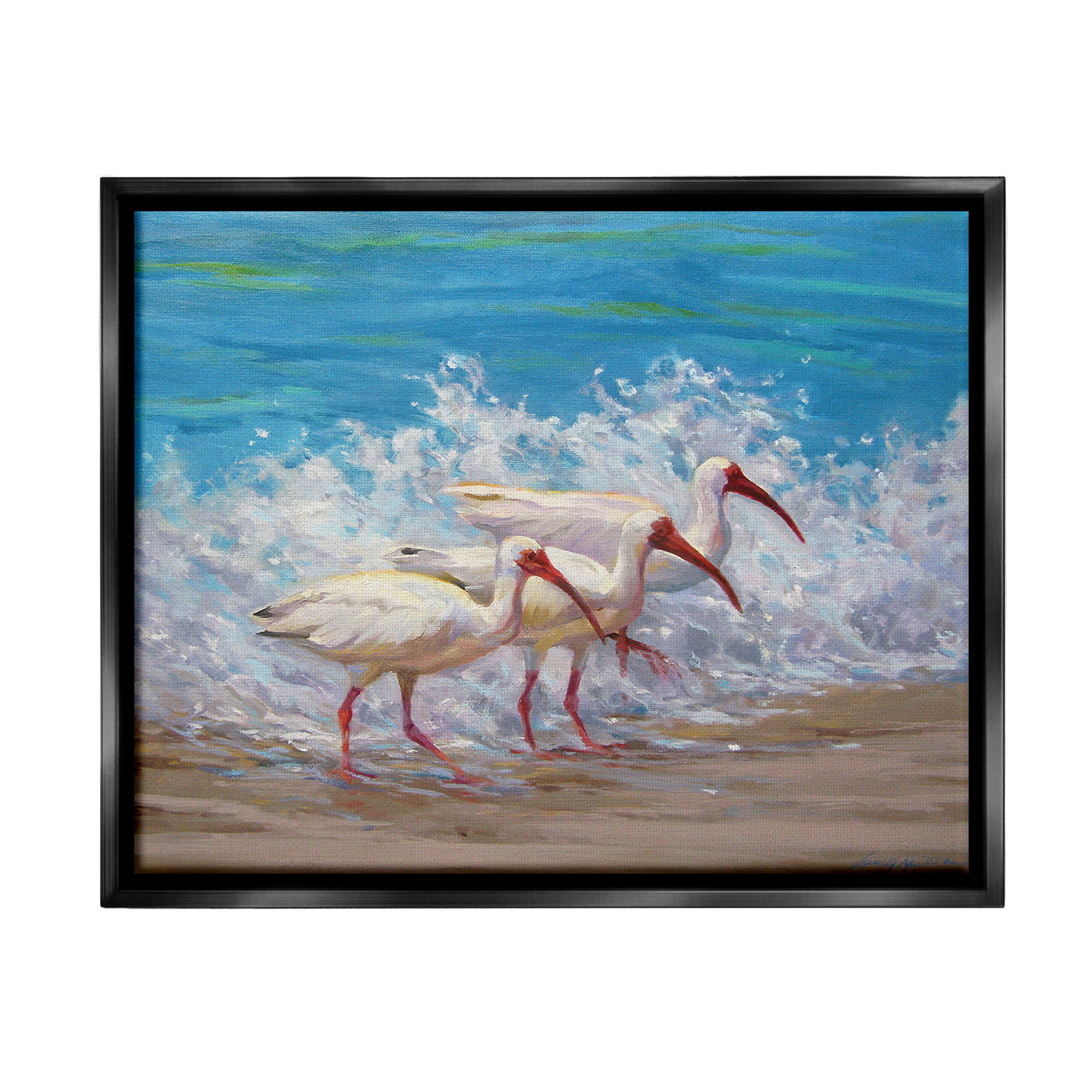 Stupell Industries Splashing Sea Birds Animals & Insects Painting Black Floater Framed Canvas Art Print Wall Art, 31 x 25