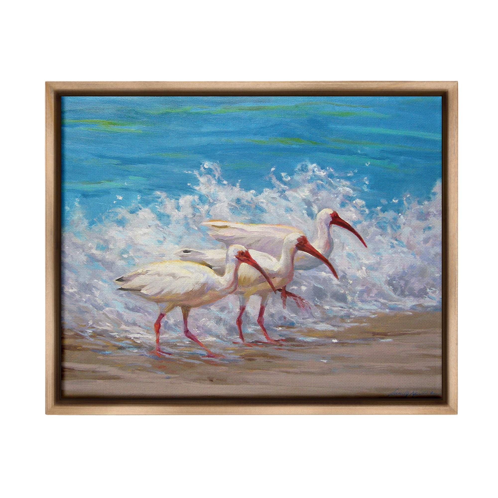 Stupell Industries Splashing Sea Birds Animals & Insects Painting Brown Floater Framed Canvas Art Print Wall Art, 21 x 17