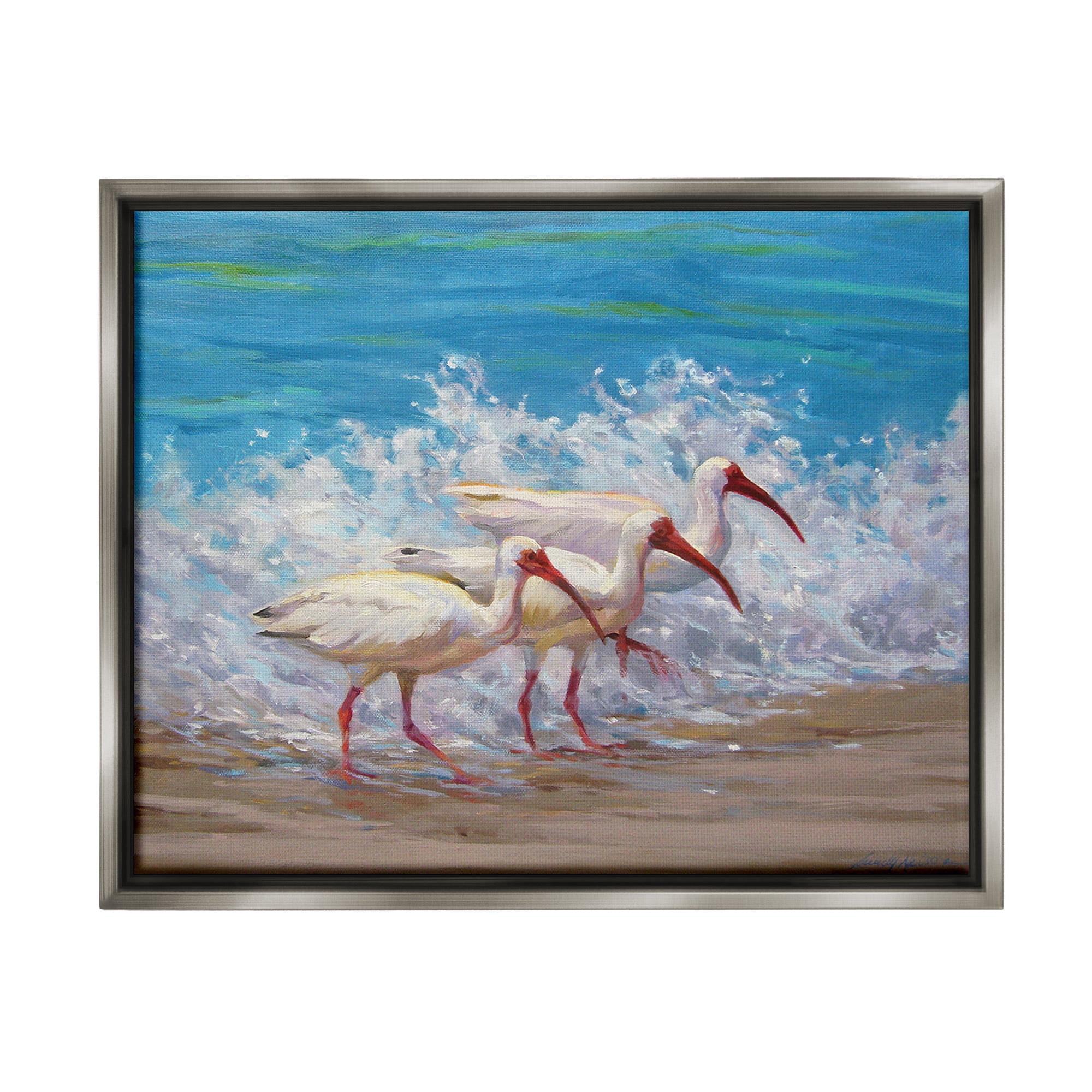 Stupell Industries Splashing Sea Birds Animals & Insects Painting Gray Floater Framed Canvas Art Print Wall Art, 21 x 17