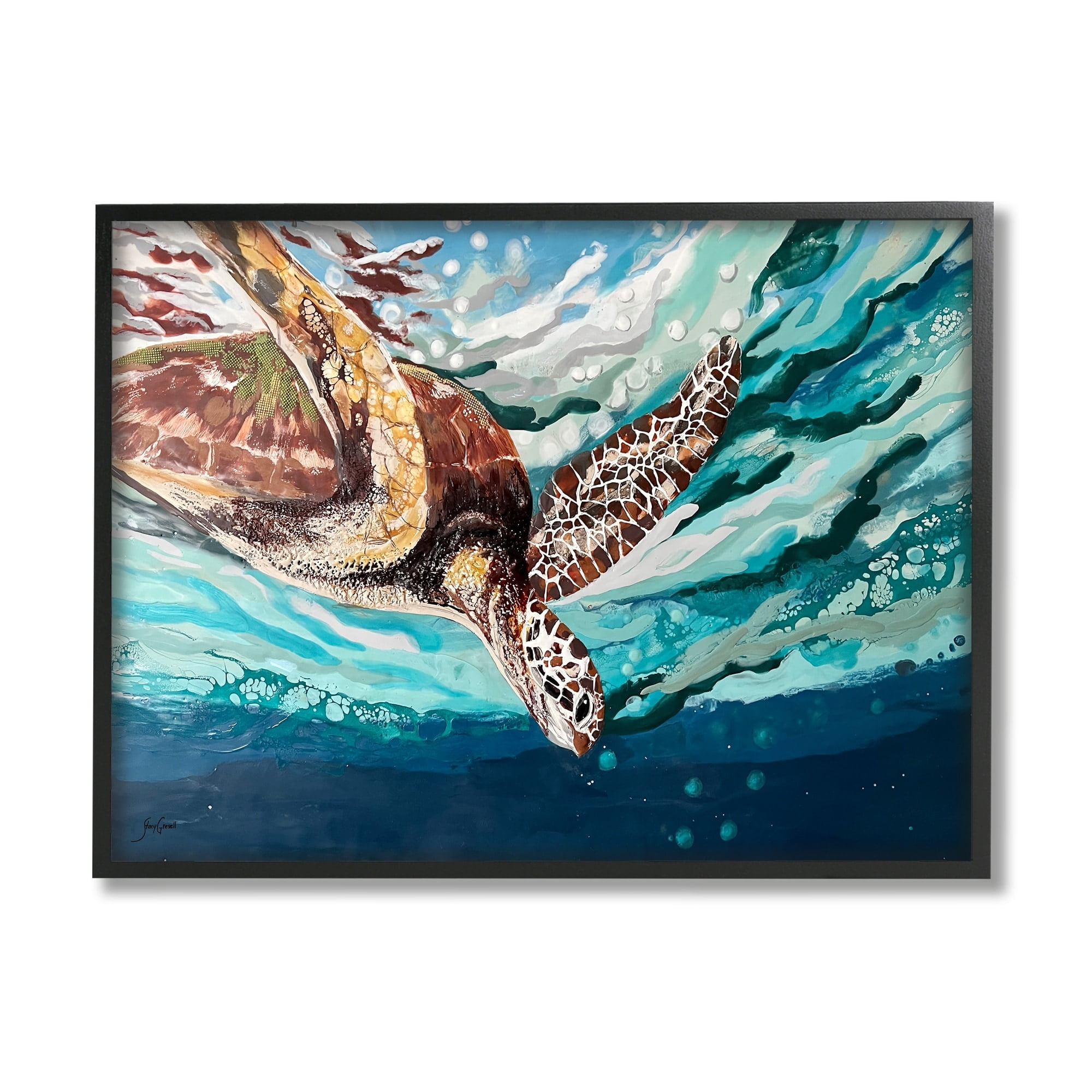 Stupell Industries Splashing Sea Turtle Diving Below Ocean Surface Painting Black Framed Art Print Wall Art, Design by Stacy Gresell