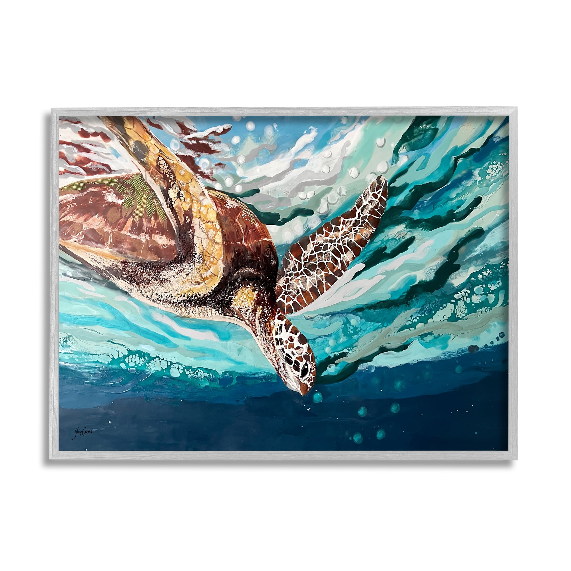 Stupell Industries Splashing Sea Turtle Diving Below Ocean Surface Painting Gray Framed Art Print Wall Art, Design by Stacy Gresell
