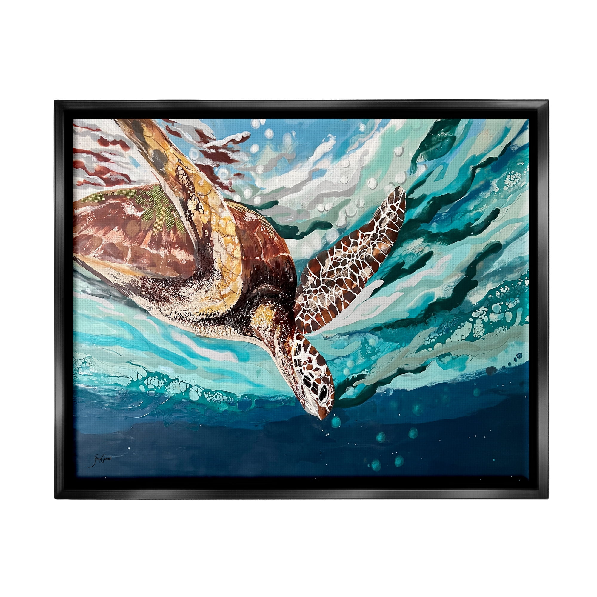 Stupell Industries Splashing Sea Turtle Diving Below Ocean Surface Painting Jet Black Floating Framed Canvas Print Wall Art, Design by Stacy Gresell
