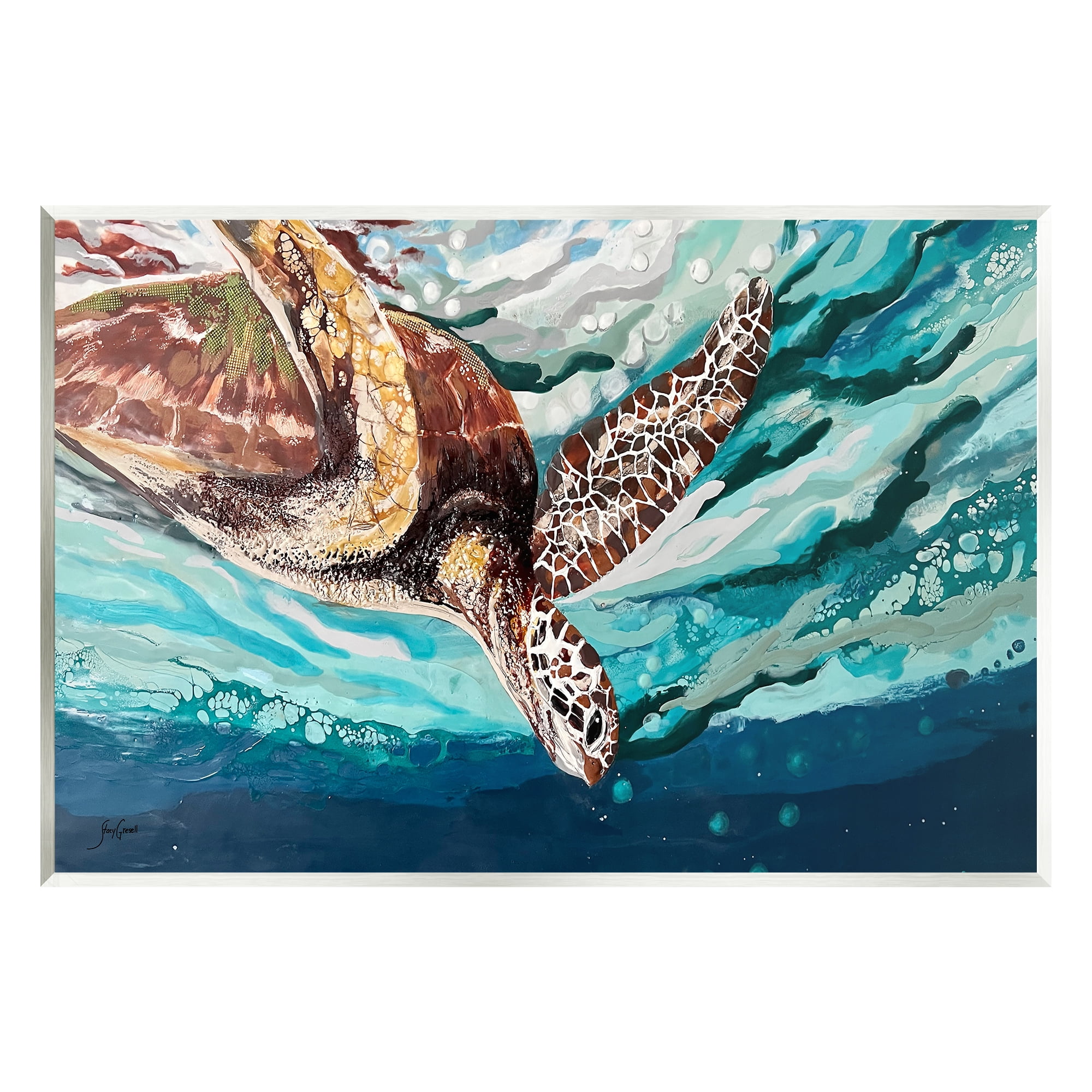 Stupell Industries Splashing Sea Turtle Diving Below Ocean Surface Painting Unframed Art Print Wall Art, Design by Stacy Gresell