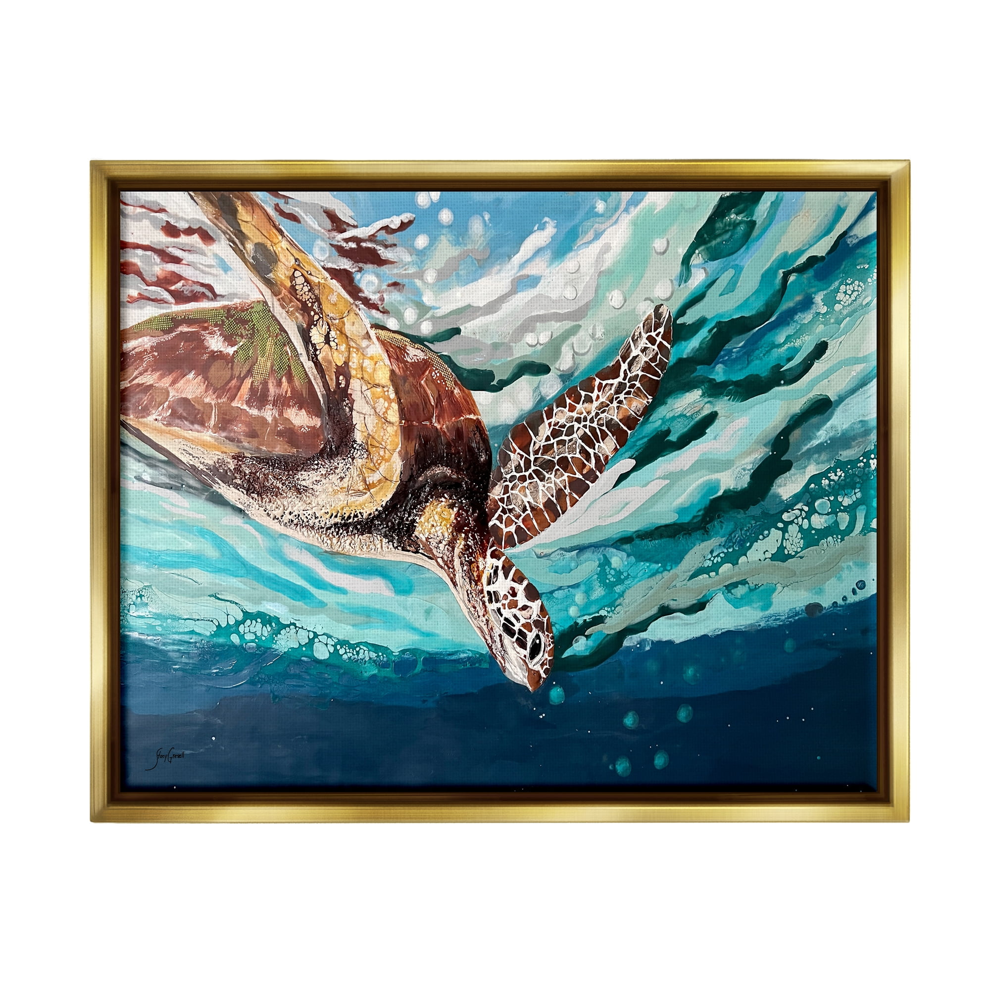 Stupell Industries Splashing Sea Turtle Diving Below Ocean Surface Painting Metallic Gold Floating Framed Canvas Print Wall Art, Design by Stacy Gresell