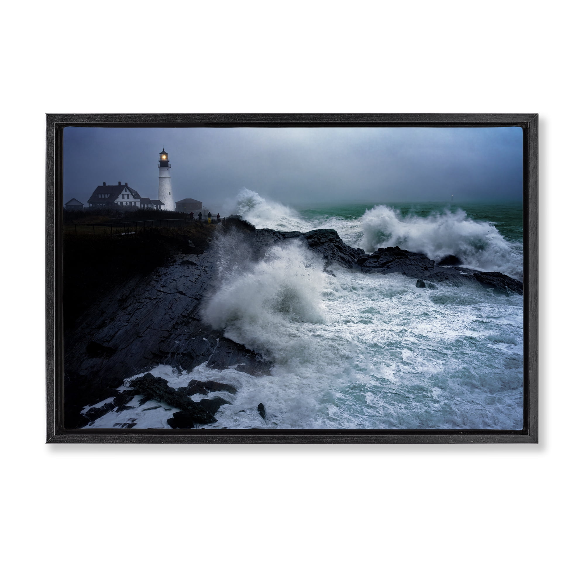 Stupell Industries Splashing Waters with Lighthouse Nautical & Beach Photography Black Floater Framed Canvas Art Print Wall Art, 31 x 21