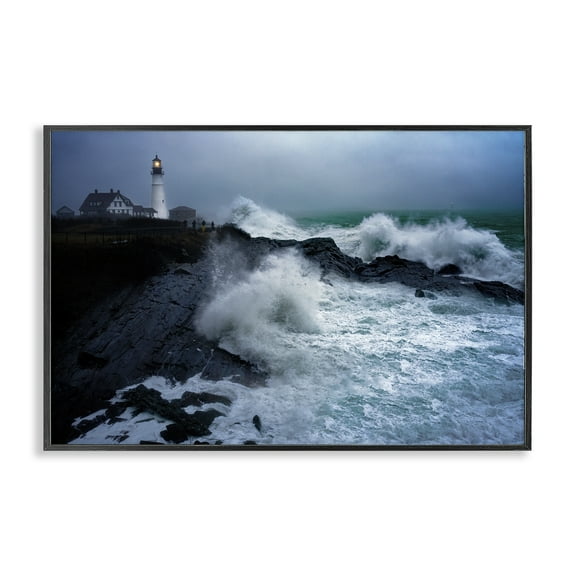 Stupell Industries Splashing Waters with Lighthouse Nautical & Beach Photography Black Framed Art Print Wall Art, 18 x 12