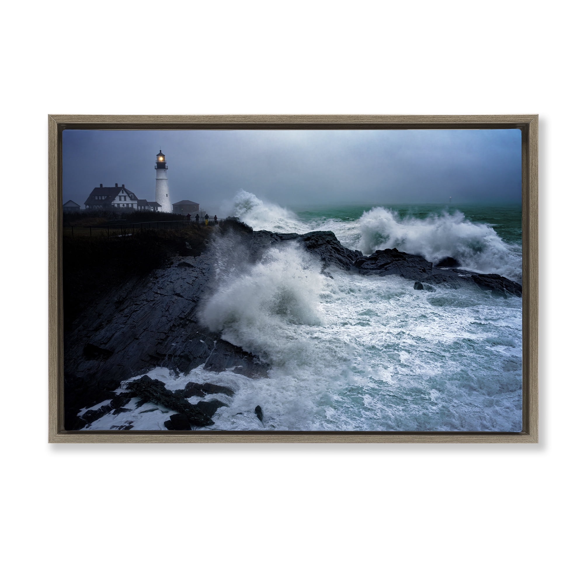 Stupell Industries Splashing Waters with Lighthouse Nautical & Beach Photography Brown Floater Framed Canvas Art Print Wall Art, 25 x 17
