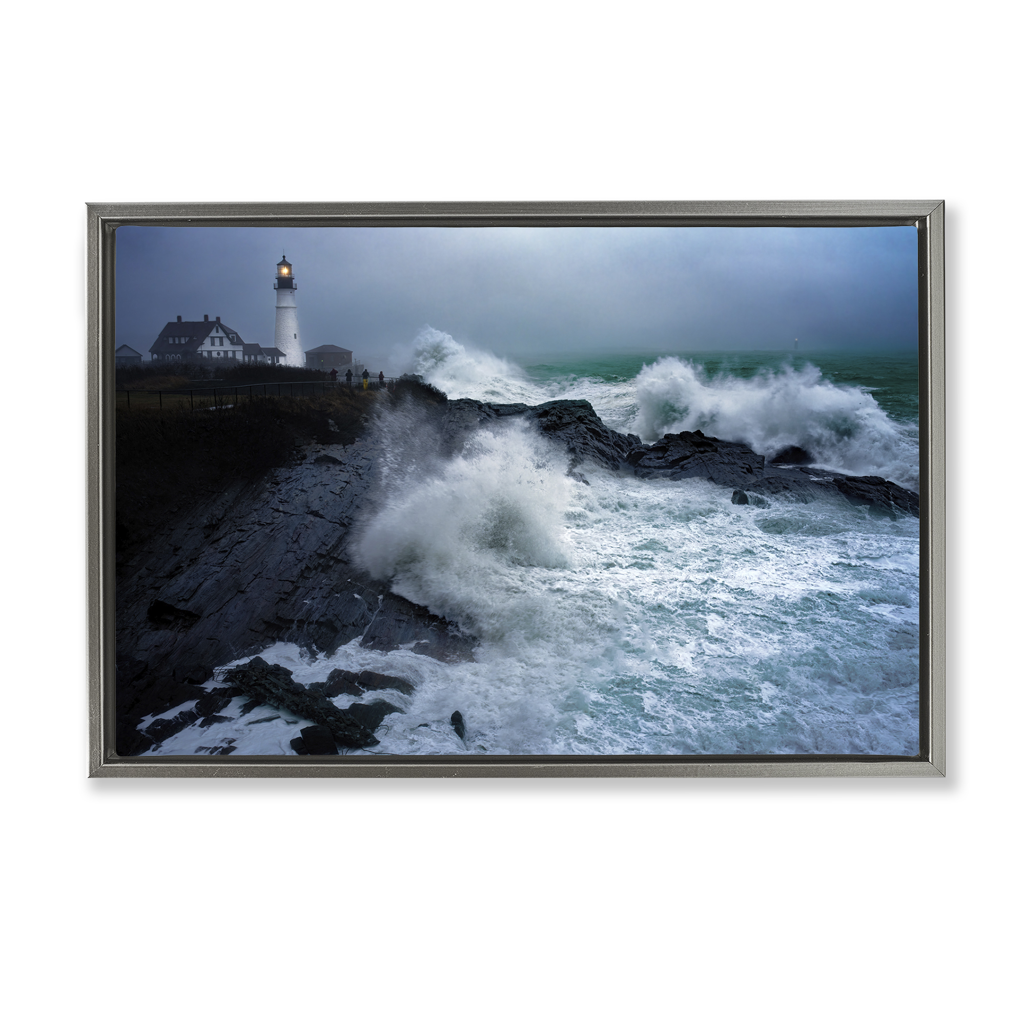 Stupell Industries Splashing Waters with Lighthouse Nautical & Beach Photography Gray Floater Framed Canvas Art Print Wall Art, 25 x 17