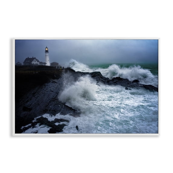 Stupell Industries Tropical Splashing Waters with Lighthouse White Framed Giclee Art, 18 x 12, by Rick Berk