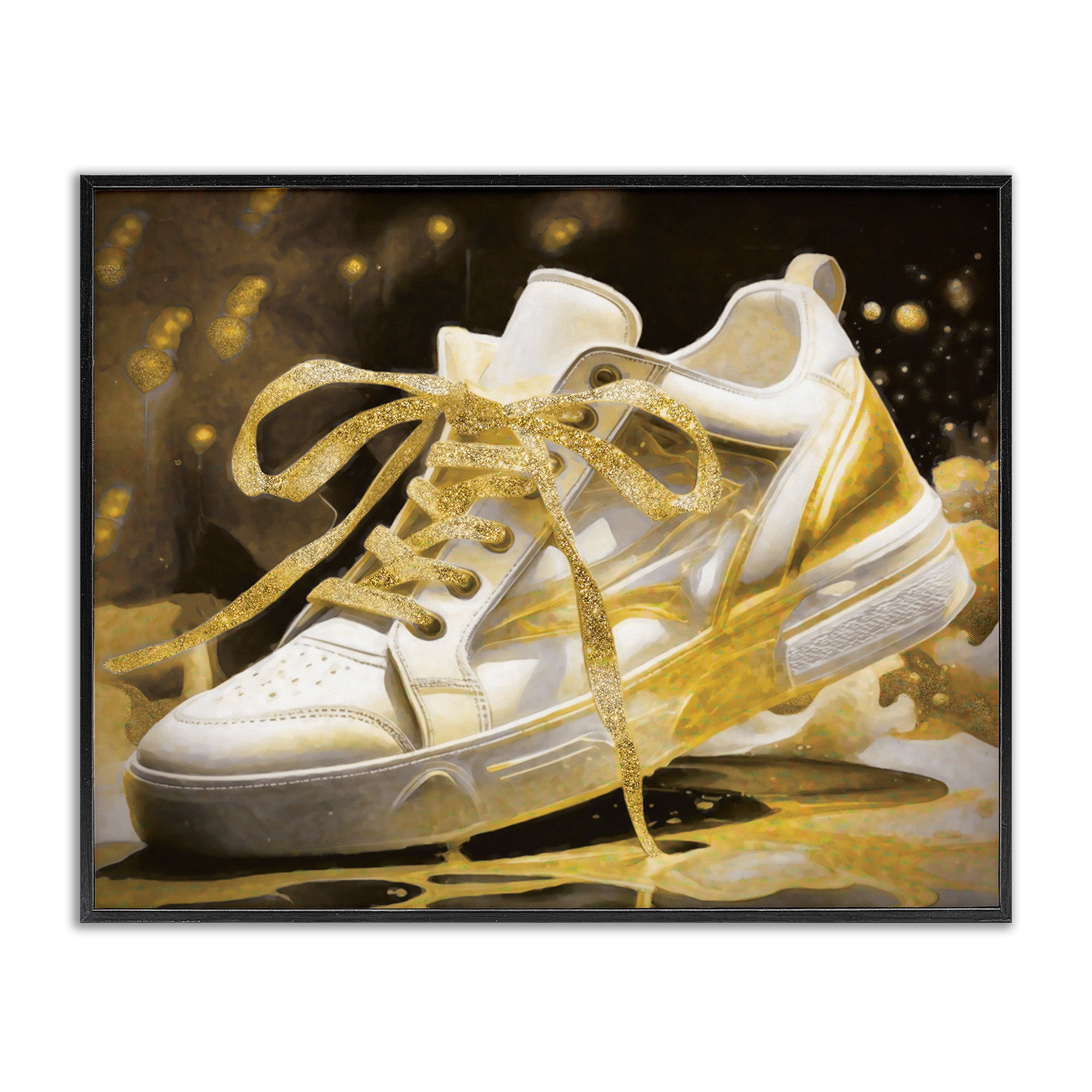 Stupell Industries Splashy Gold Sneaker Black Framed Giclee Art, design by Grotto Studios